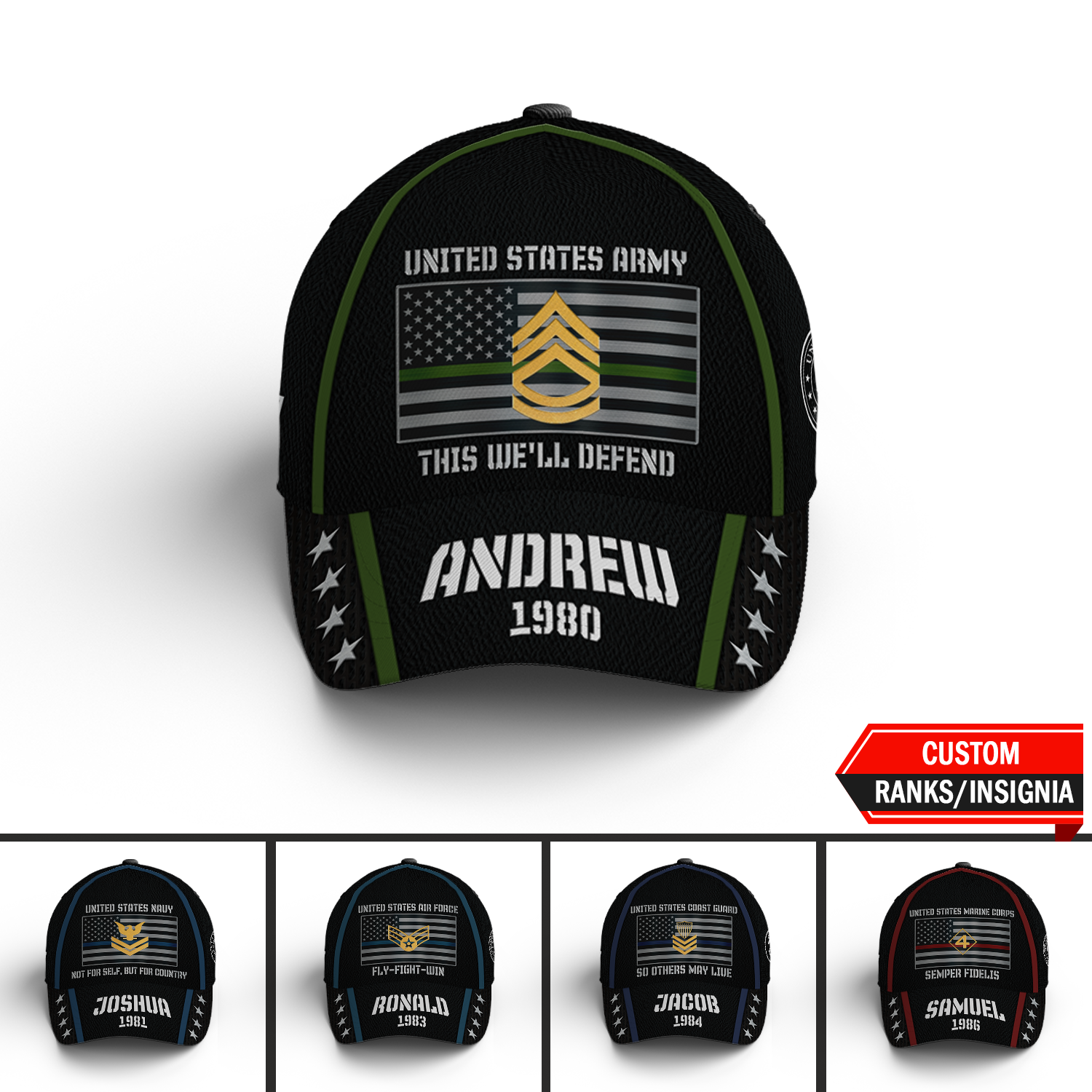 Custom Ranks/Insignia, Personalized Name And Years Served All Over Prints Premium Classic Cap KAOVC09