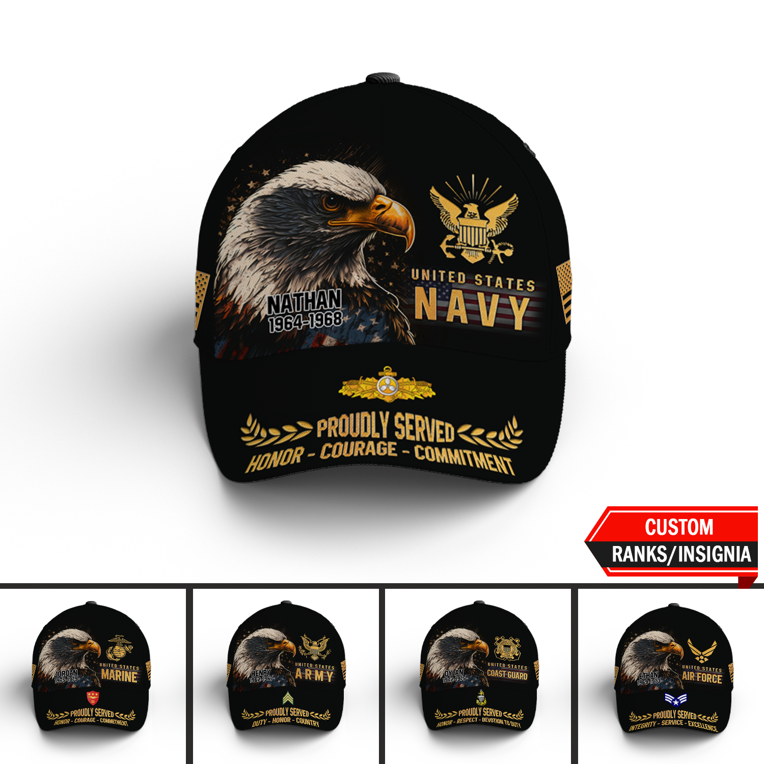 Karl-AOVCAP-10 Custom Ranks/Insignia, Personalized Name And Years Served All Over Prints Premium Classic Cap KAOVC10