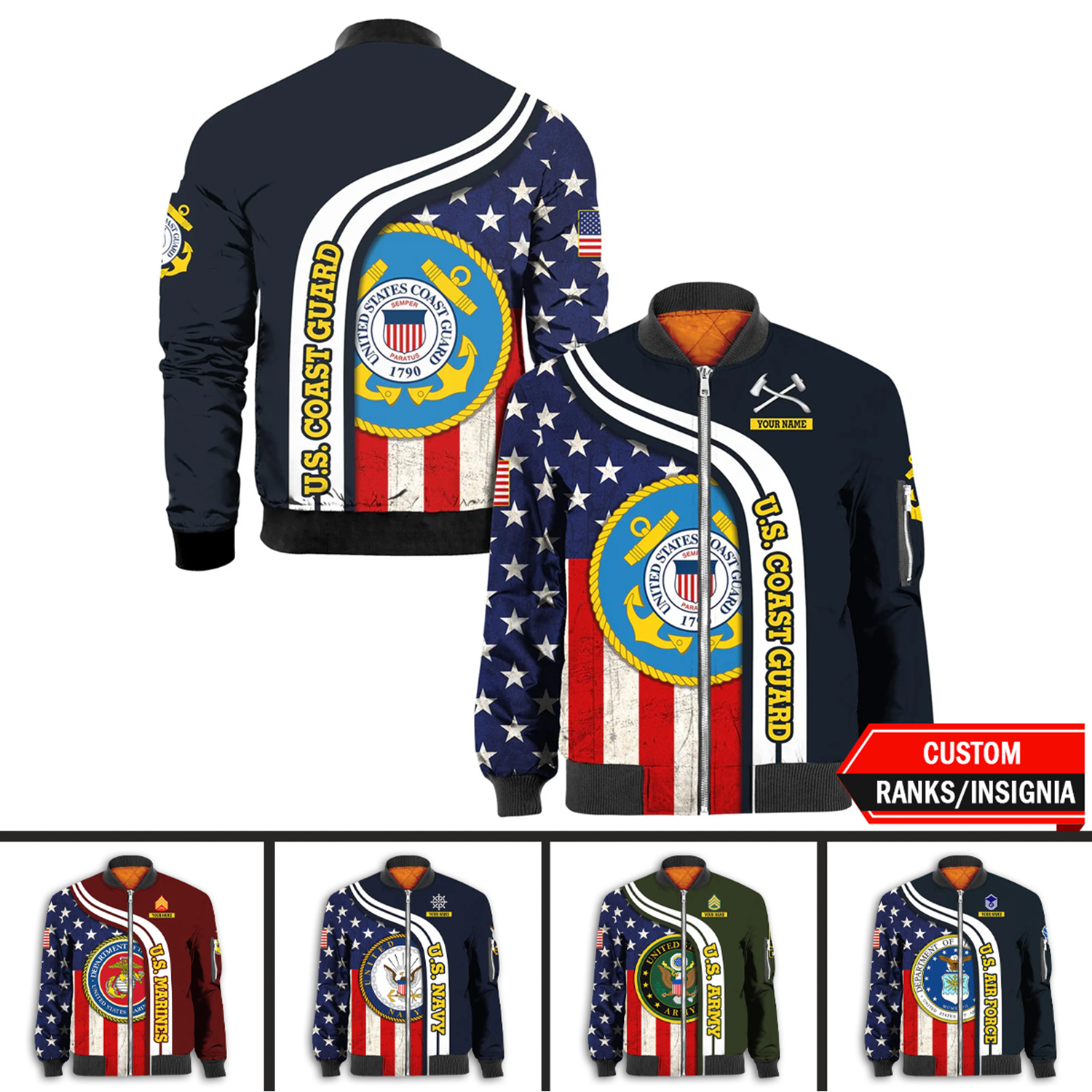 Custom 3D All Over Prints Bomber Jacket, Personalized Name And Military Logo, USA Flag