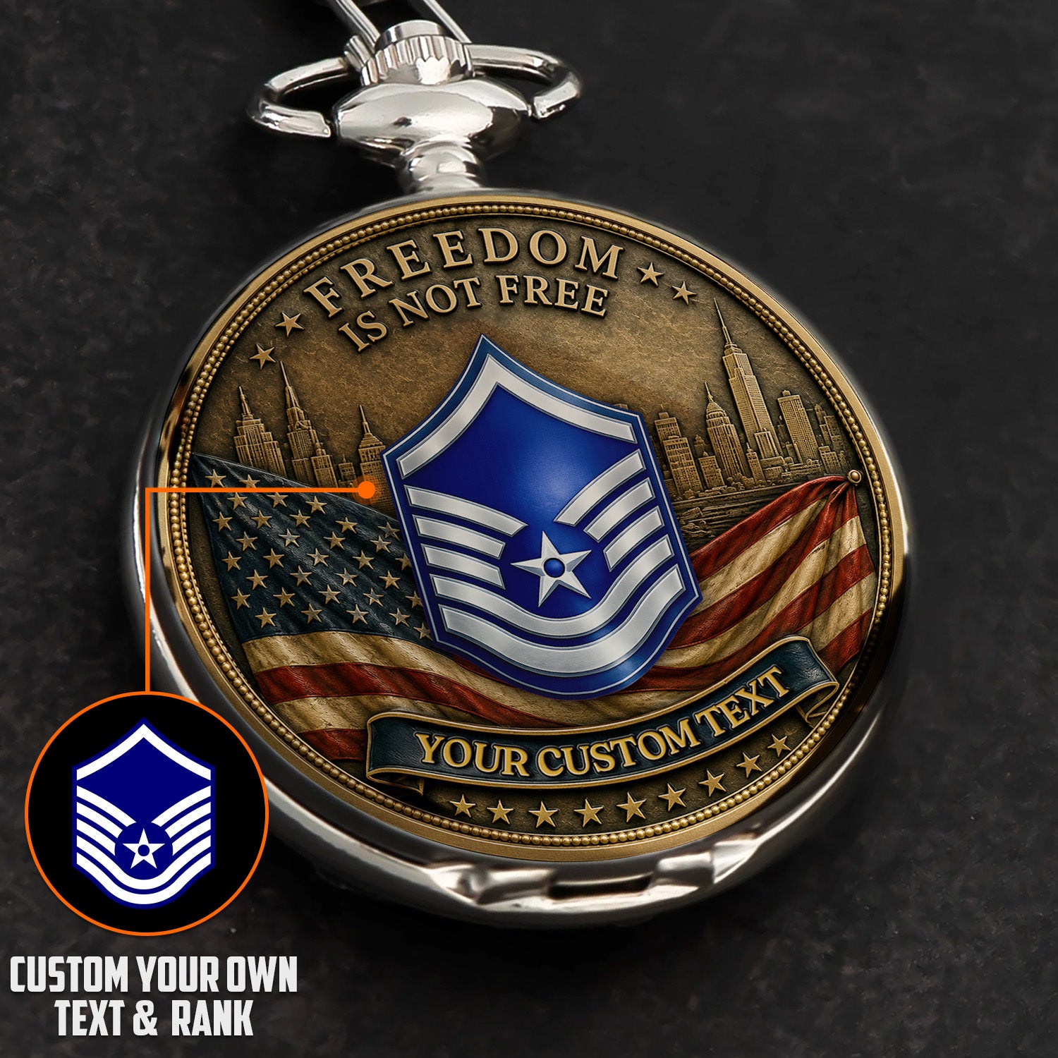 Personalized US Air Force 250th Anniversary Pocket Watch Custom Rank Gift