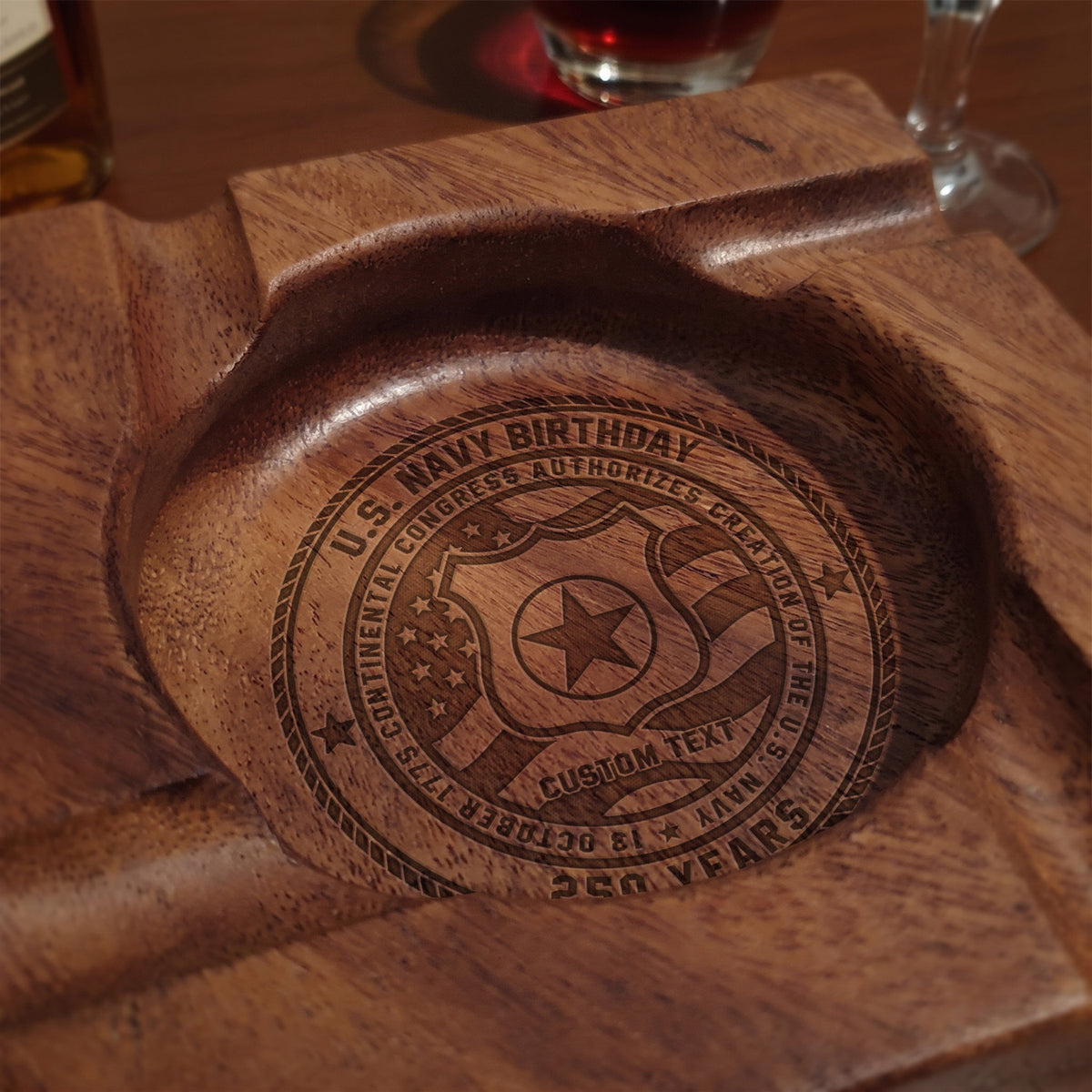 Custom Army Walnut Ashtray Personalized Veteran Rank and Text