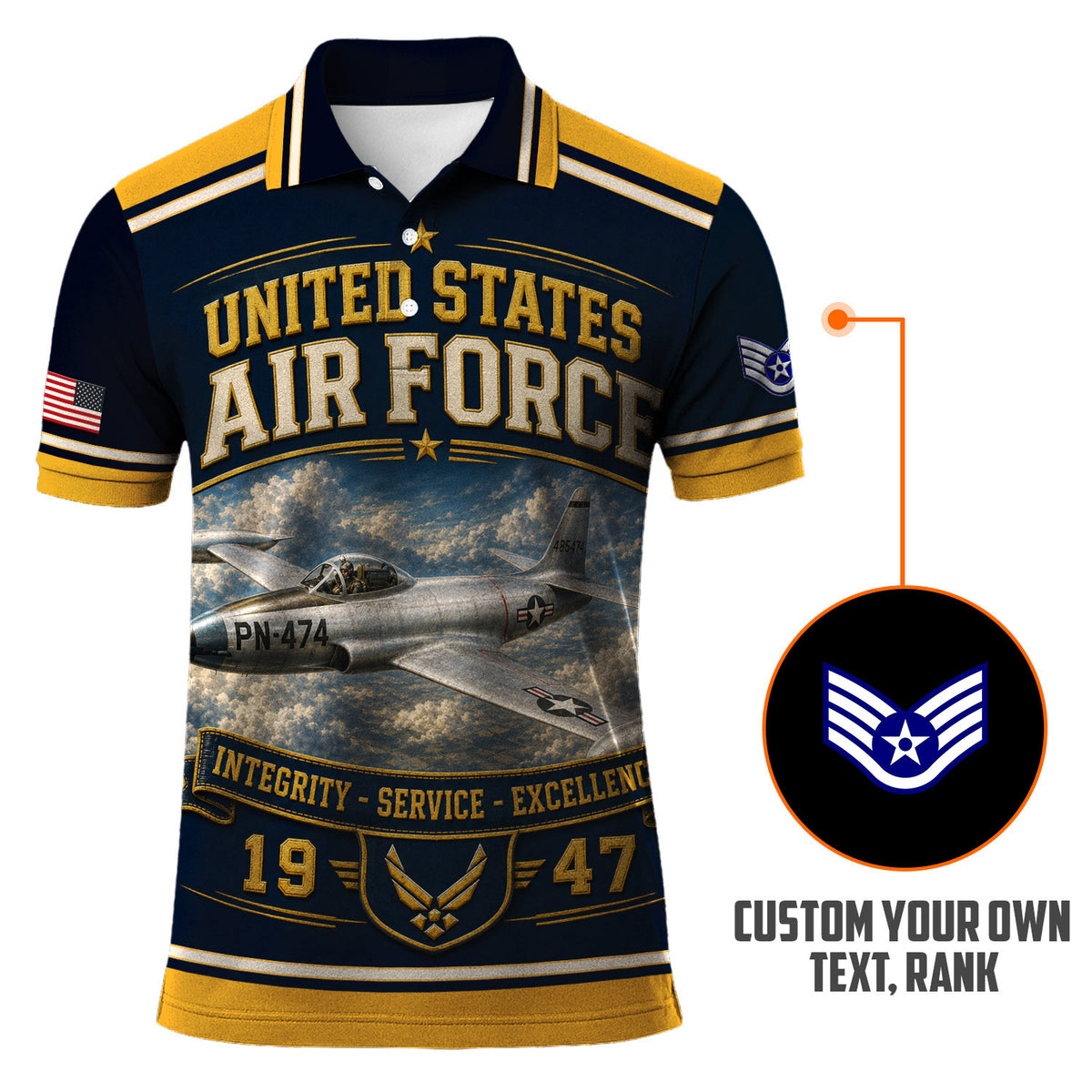 Custom USAF Name Rank 3D Polo Shirt for Veterans