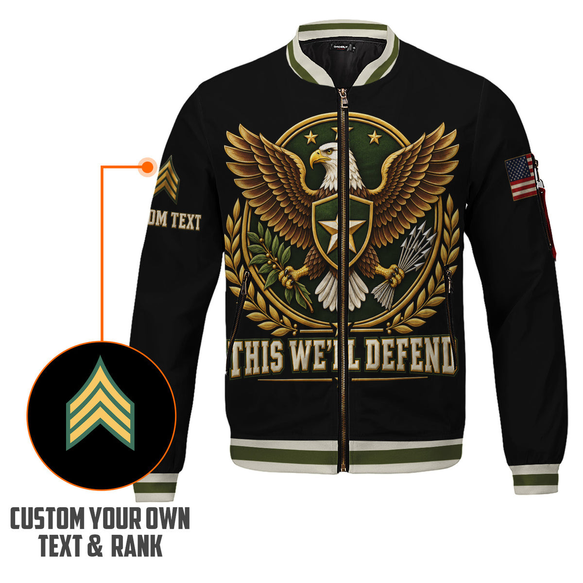 Custom US Army Veteran Bomber Jacket Personalized Name Rank Military Gift
