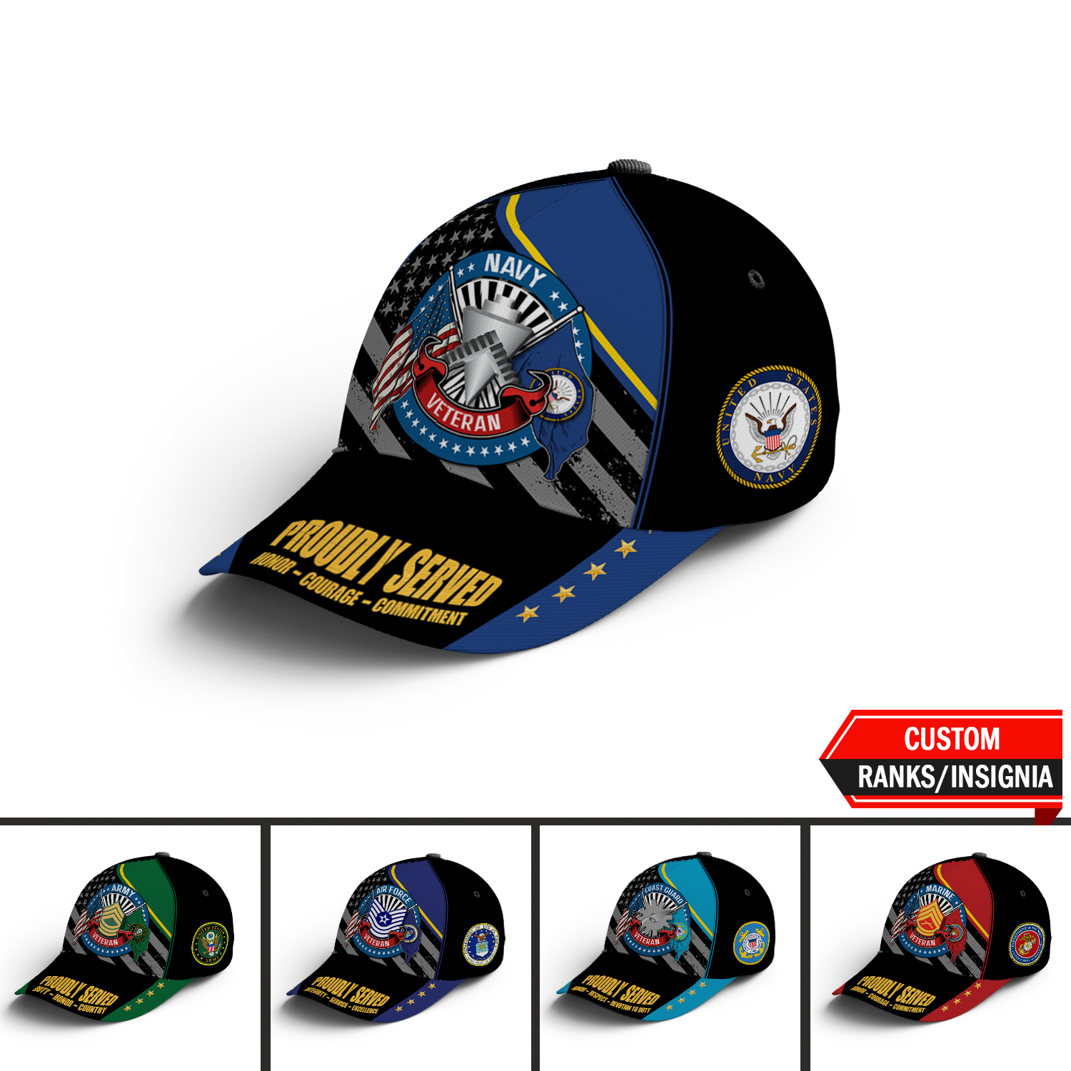 Custom Ranks/Insignia, Personalized Name And Years Served All Over Prints Premium Classic Cap KAOVC07