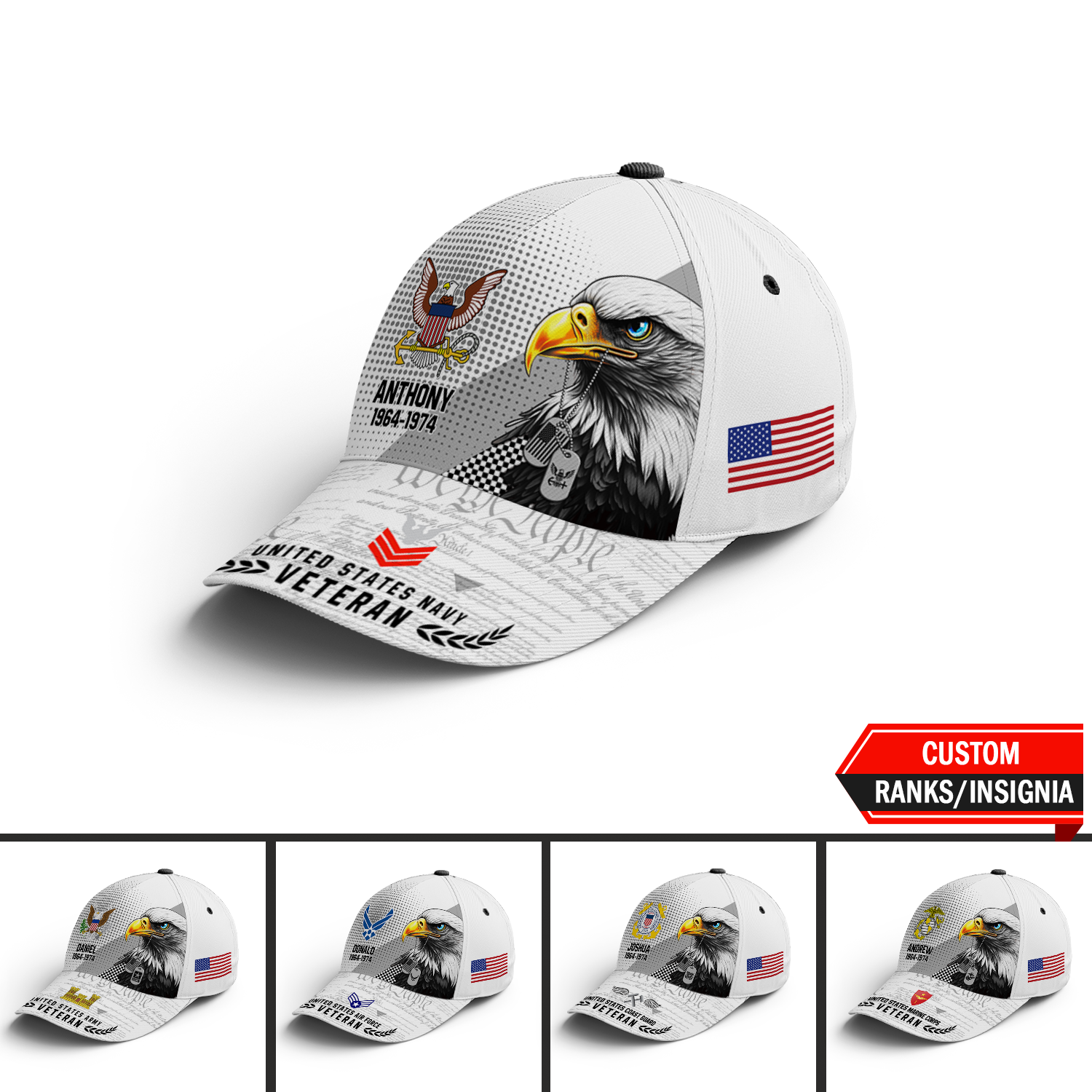 US Military Veteran American Eagle Custom Ranks/Insignia, Personalized Name And Years Served All Over Prints Premium Classic Cap