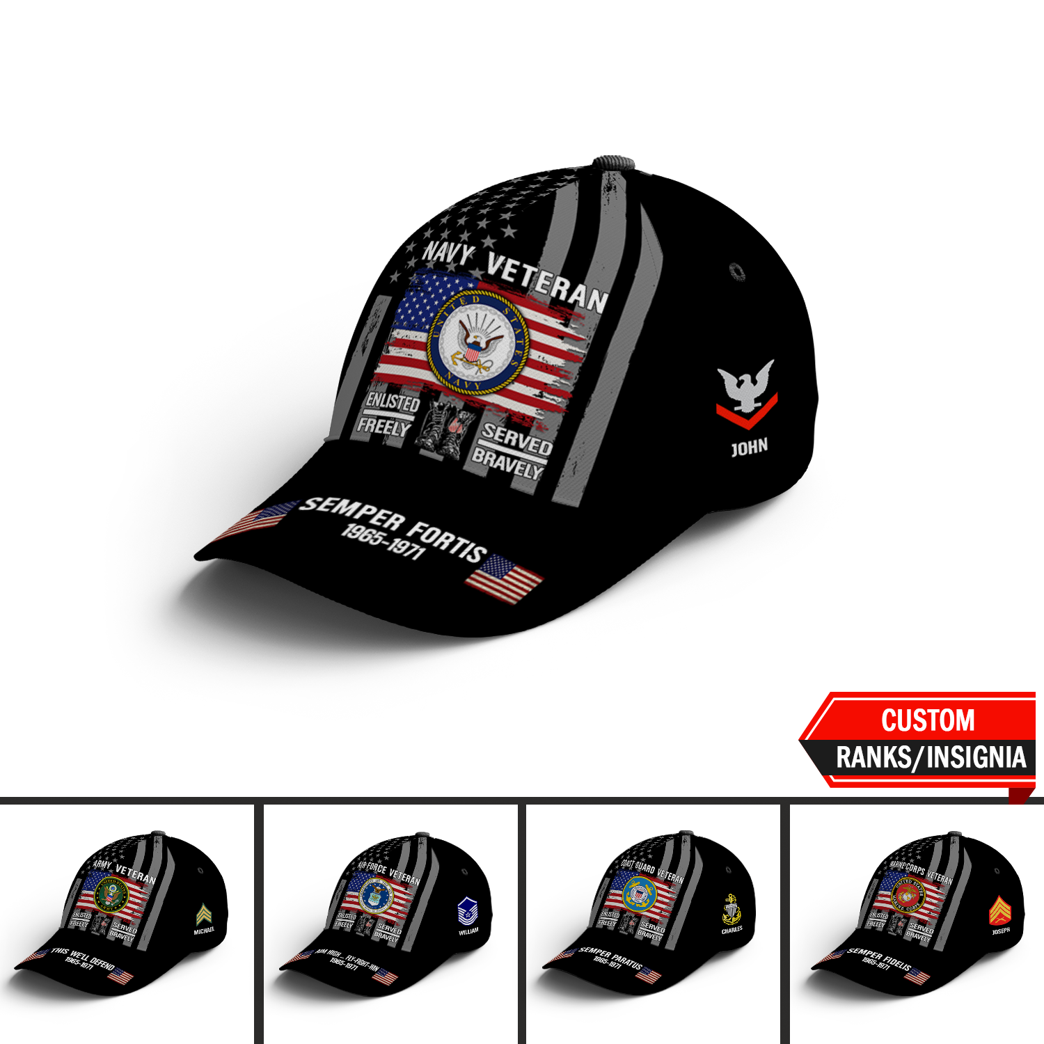 US Military Veteran Military Mottos Custom Ranks/Insignia, Personalized Name And Years Served All Over Prints Premium Classic Cap