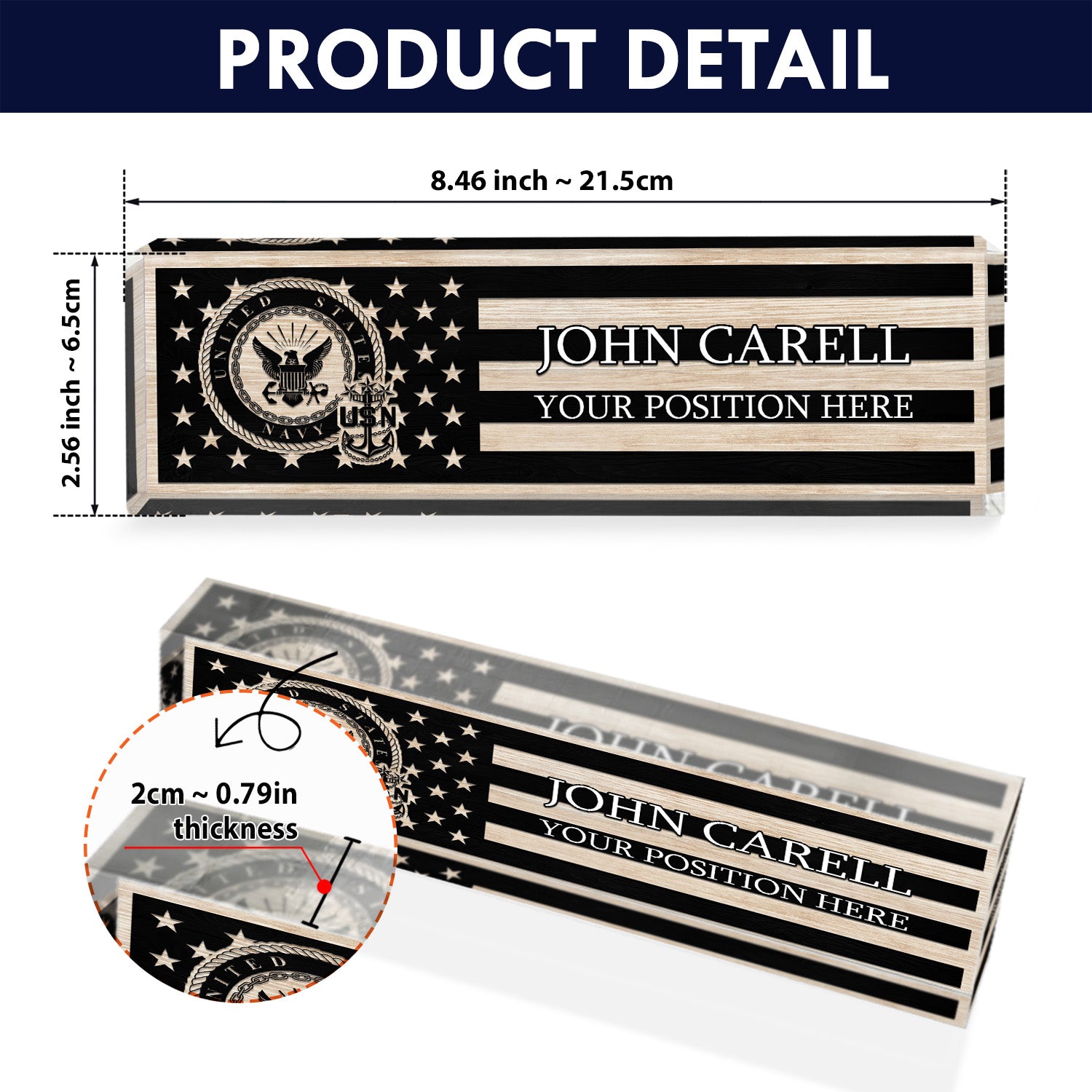 Custom US Navy Black & White Flag Desk Nameplate for Sailors, Veterans & Retirees
