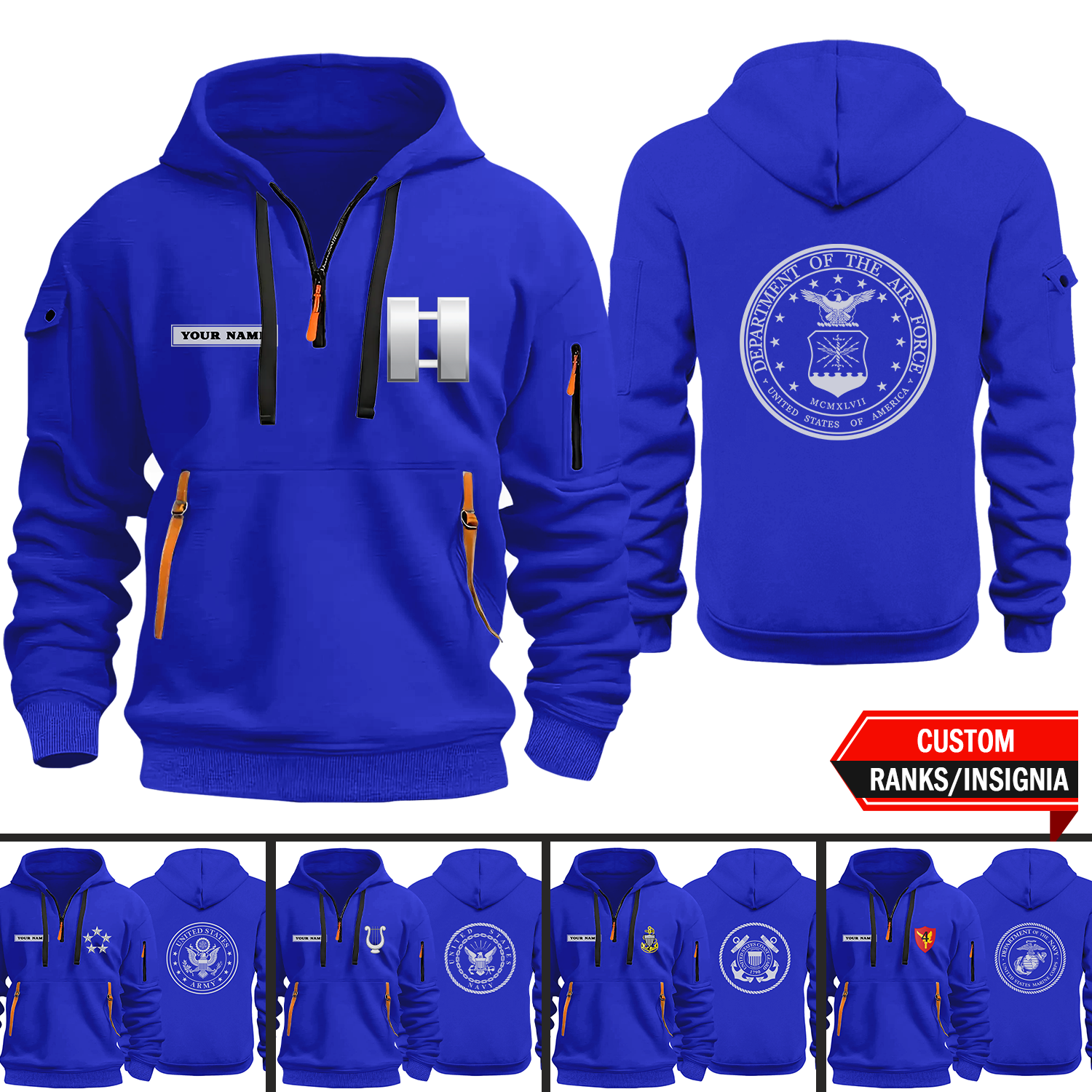 Custom Ranks/Insignia, Personalized Text 2D Quarter Zip Hoodie