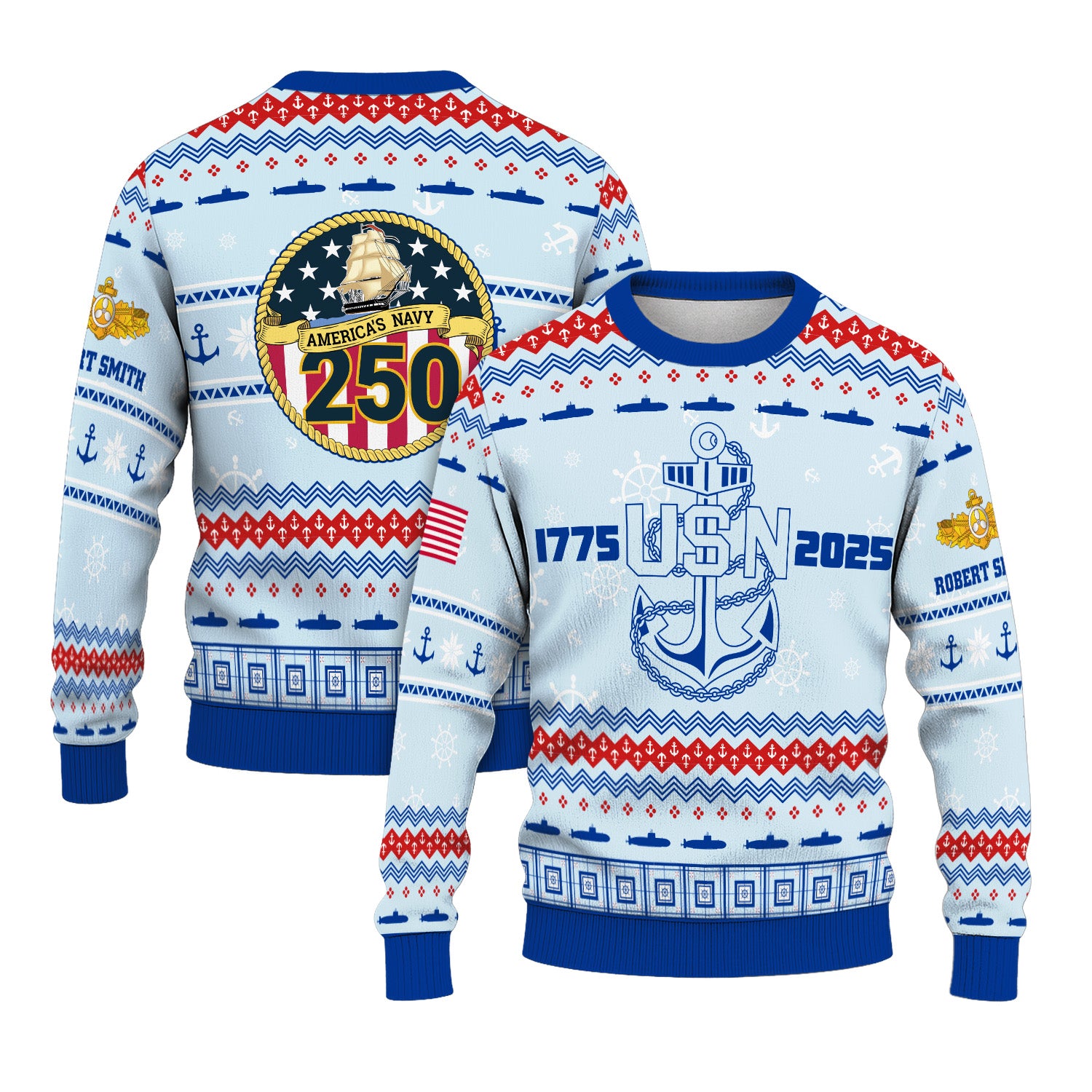 Custom Ranks And Text US Navy Ugly Christmas Sweater for Women Men KRUST02