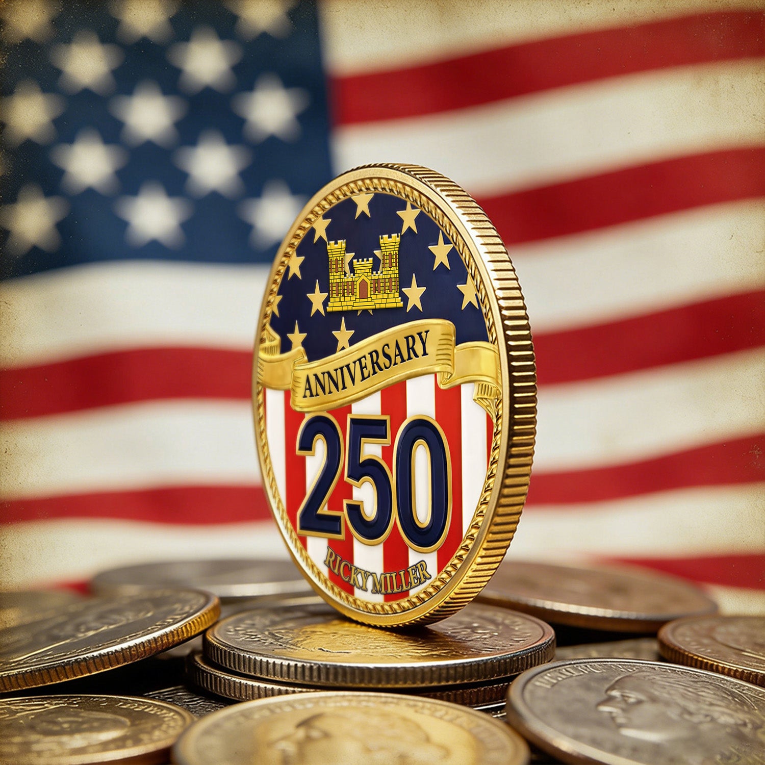USA 250 Anniversary Coin Custom Name Rank US Army Patriotic Gift