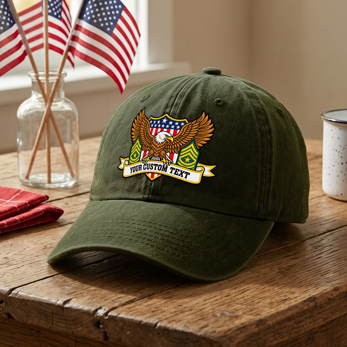 U.S. Army Embroidered Cap Custom Rank Text Veteran Gift