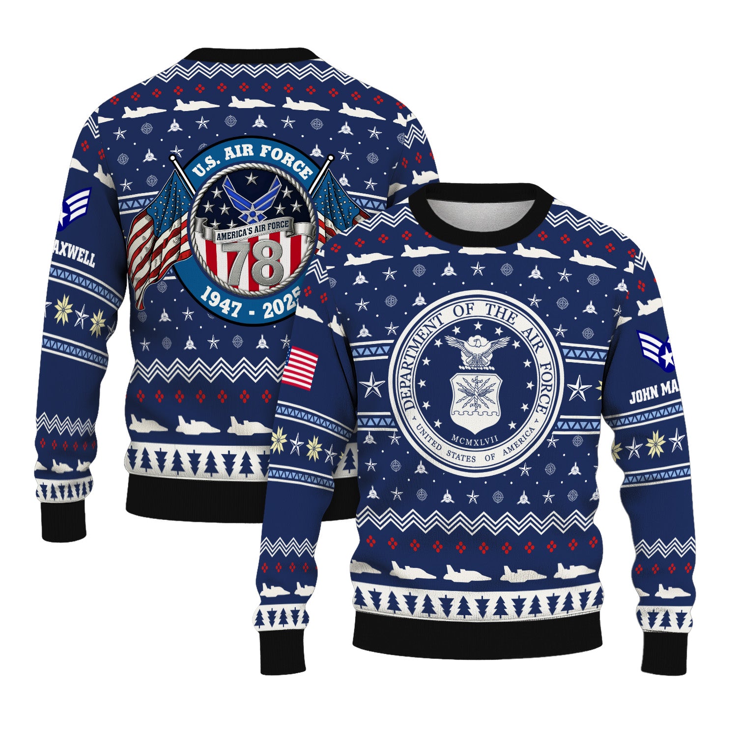 Custom Ranks And Text US Air Force Ugly Christmas Sweater for Women Men KRUST01
