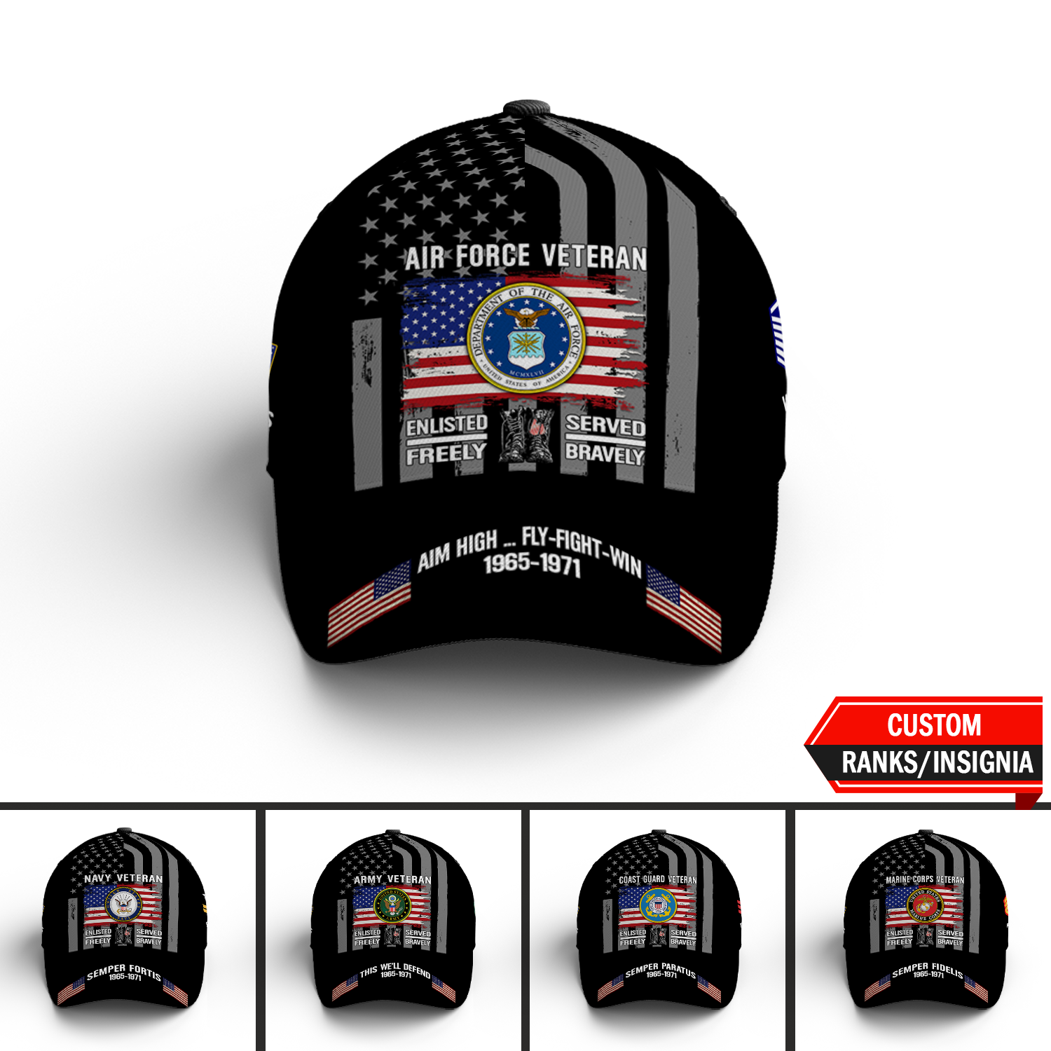 US Military Veteran Military Mottos Custom Ranks/Insignia, Personalized Name And Years Served All Over Prints Premium Classic Cap