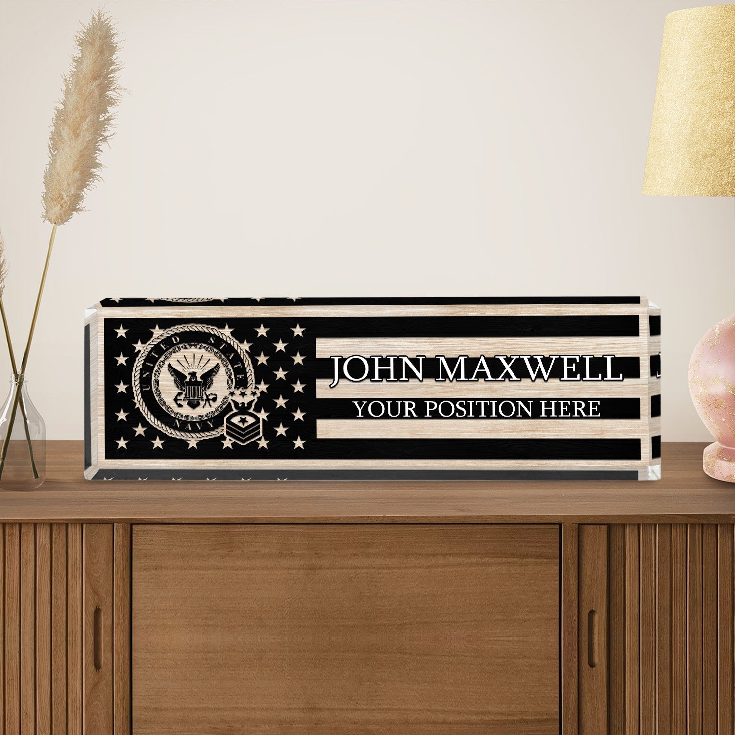 Custom US Navy Black & White Flag Desk Nameplate for Sailors, Veterans & Retirees