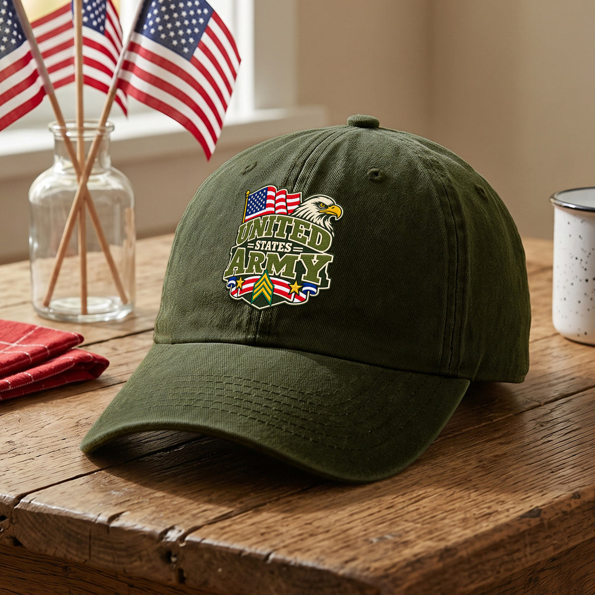 Personalized U.S. Army Embroidered Washed Cap Custom Rank and Text
