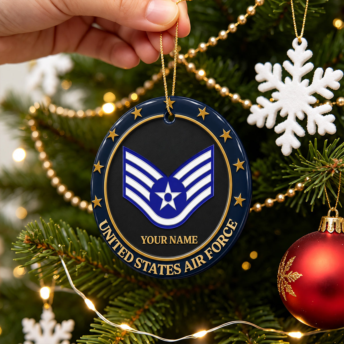 Custom Navy 3D Relief Ornament Personalized Rank and Custom Text