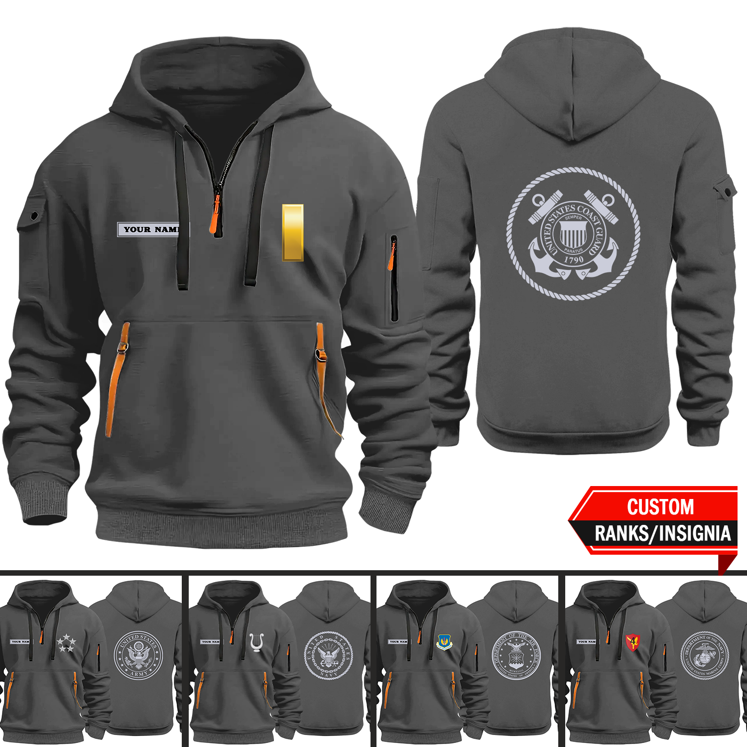 Custom Ranks/Insignia, Personalized Text 2D Quarter Zip Hoodie