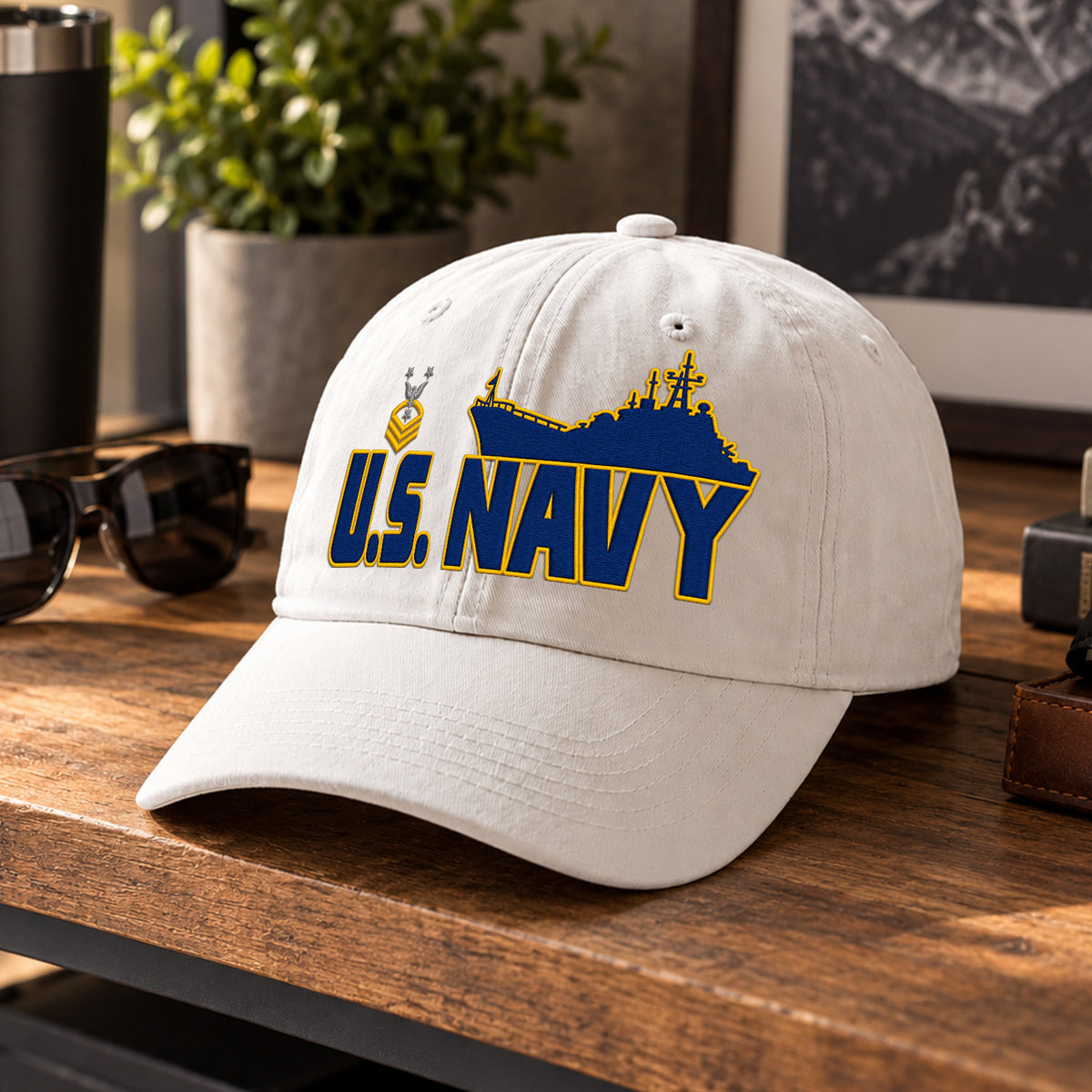 Personalized U.S. Navy Embroidered Washed Cap Custom Rank and Text