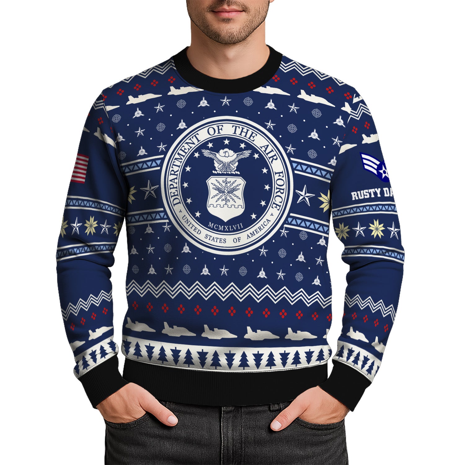 Custom Ranks And Text US Air Force Ugly Christmas Sweater for Women Men KRUST01