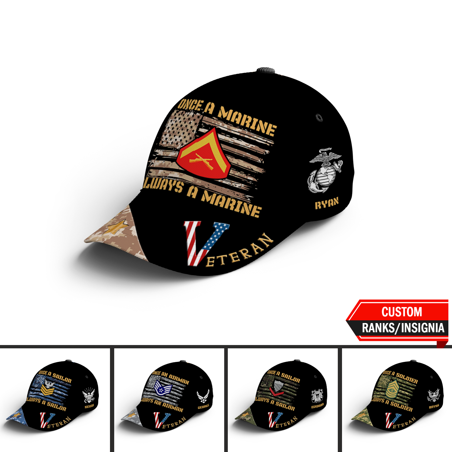 Custom Ranks/Insignia, Personalized Name And Years Served All Over Prints Premium Classic Cap KAOVC12