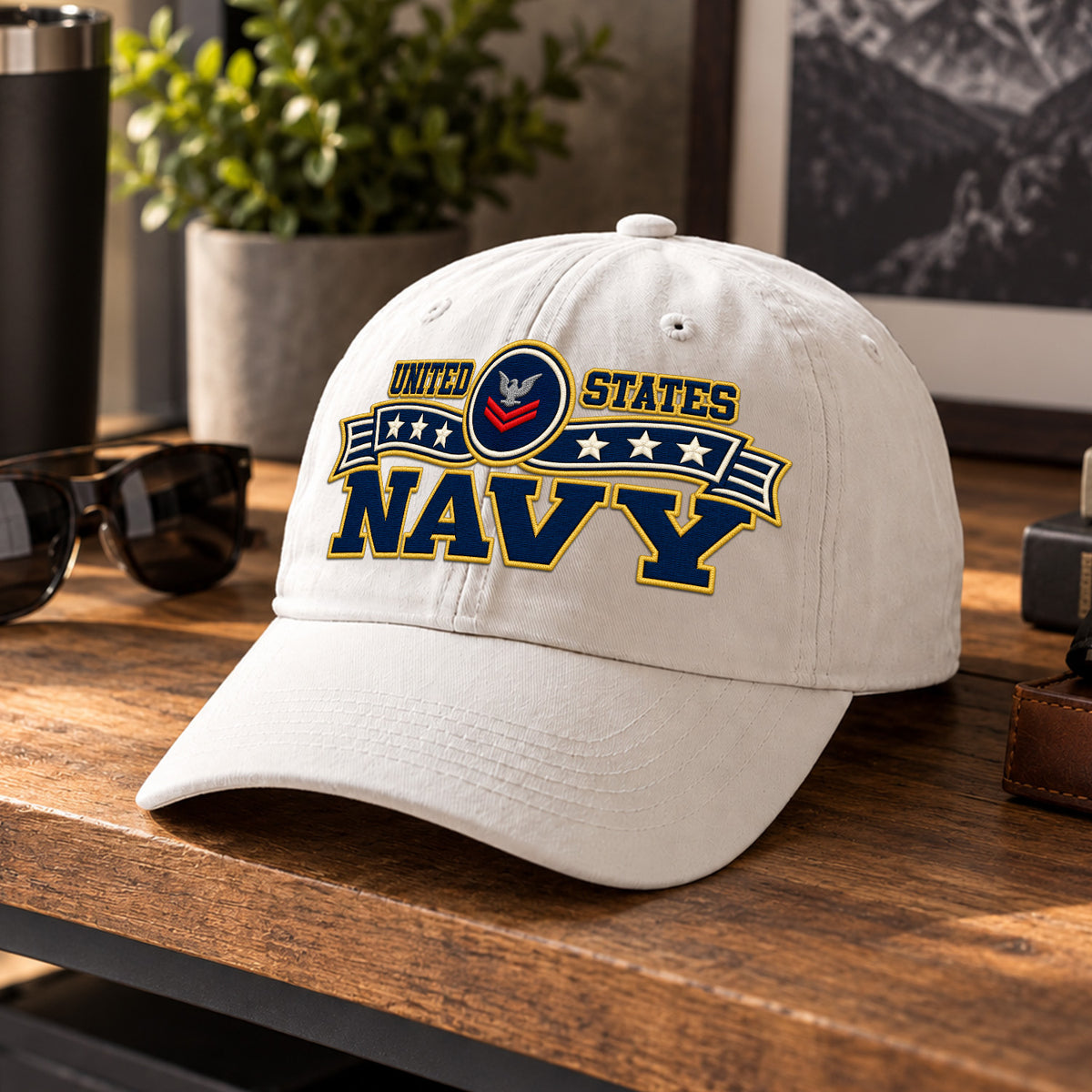 Personalized Navy Military Washed Cap Custom Rank and Text