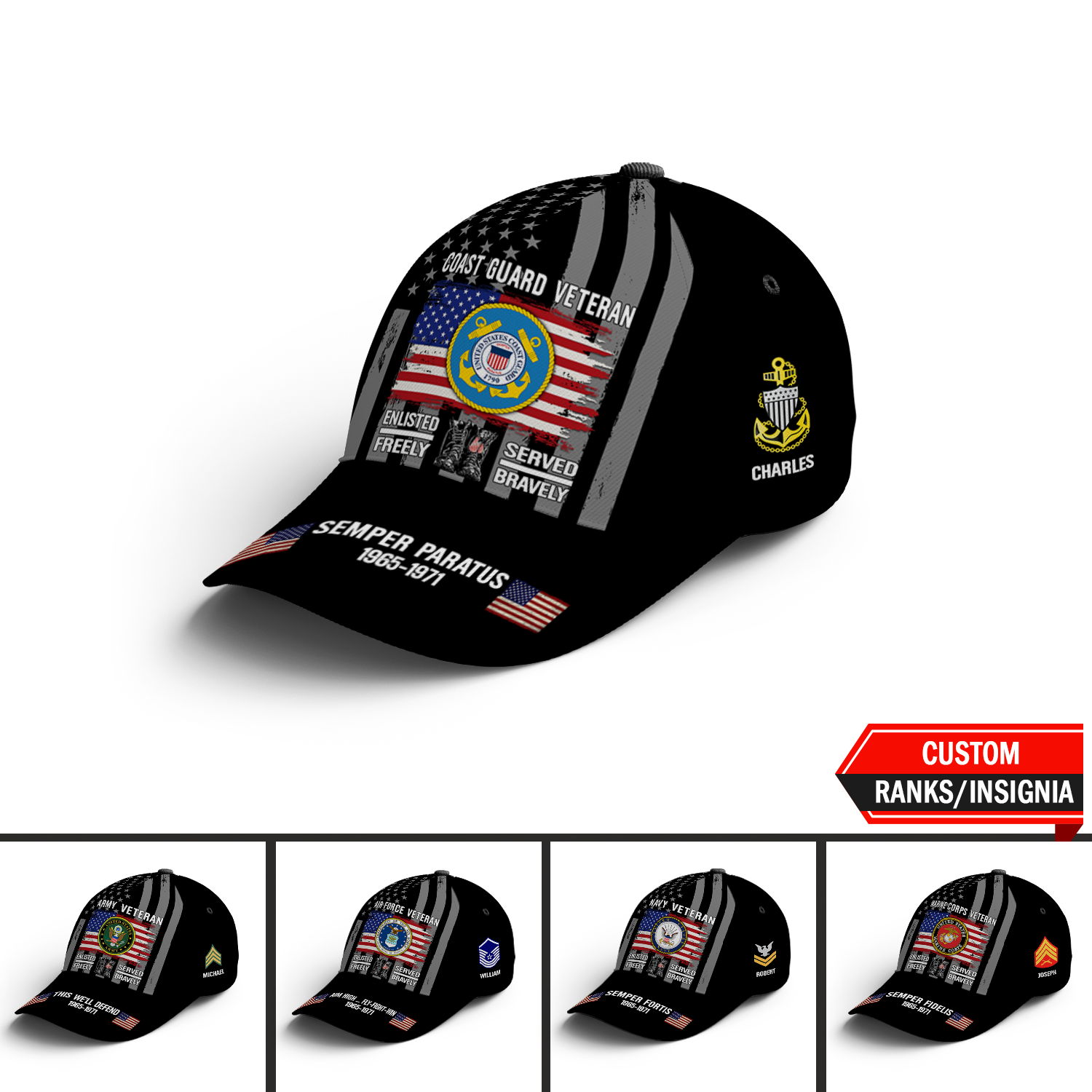 US Military Veteran Military Mottos Custom Ranks/Insignia, Personalized Name And Years Served All Over Prints Premium Classic Cap