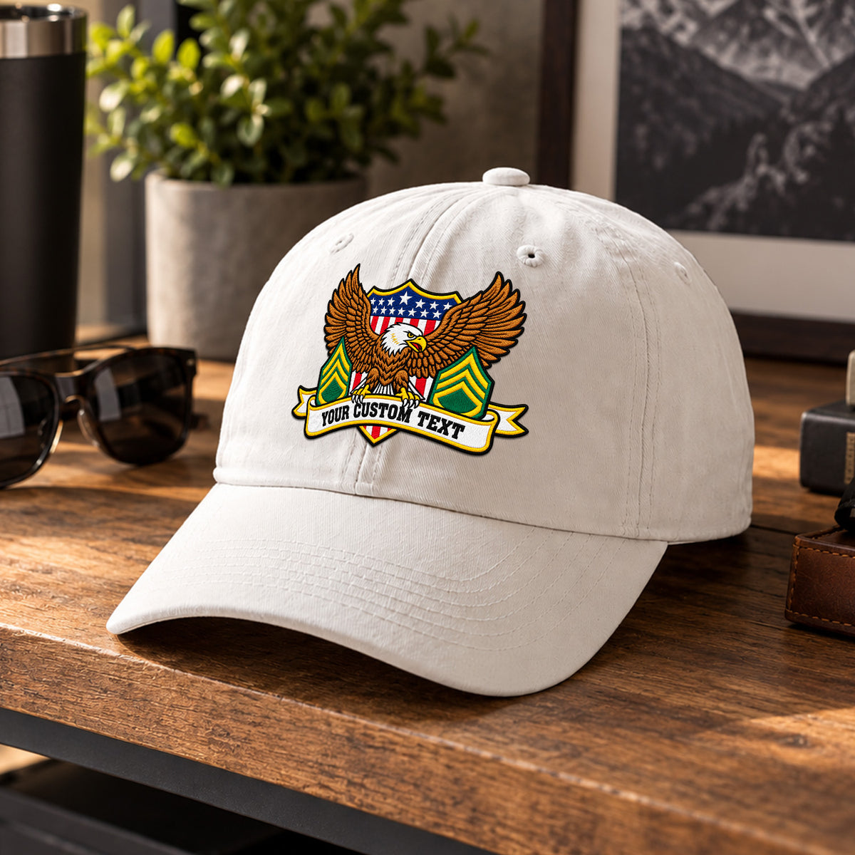 U.S. Army Embroidered Cap Custom Rank Text Veteran Gift