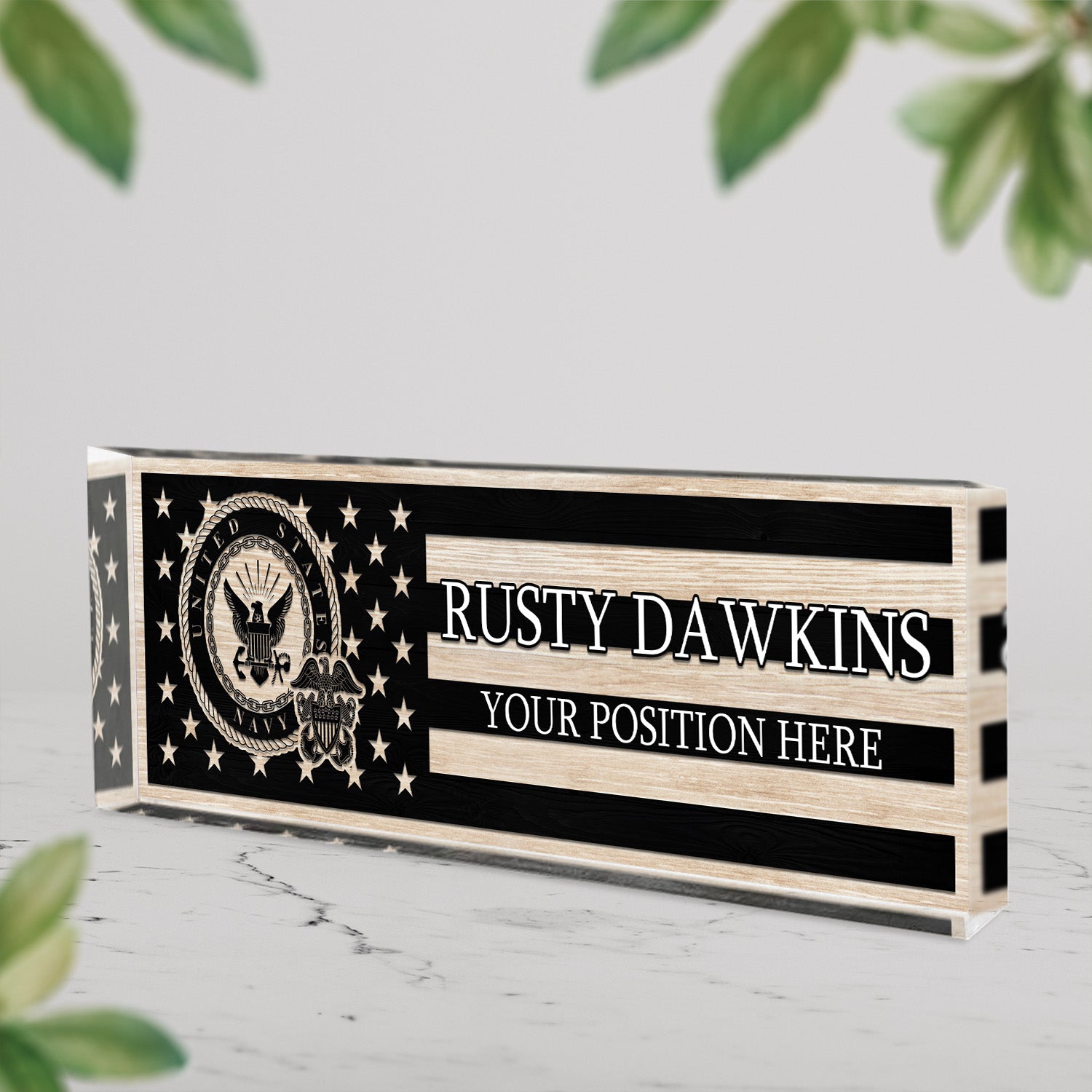 Custom US Navy Black & White Flag Desk Nameplate for Sailors, Veterans & Retirees
