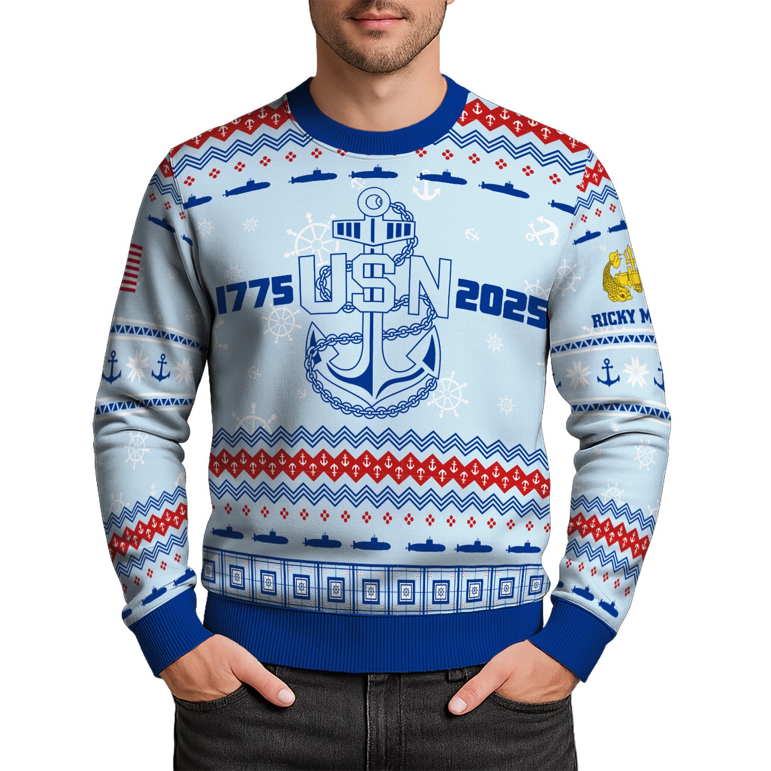 Custom Ranks And Text US Navy Ugly Christmas Sweater for Women Men KRUST02