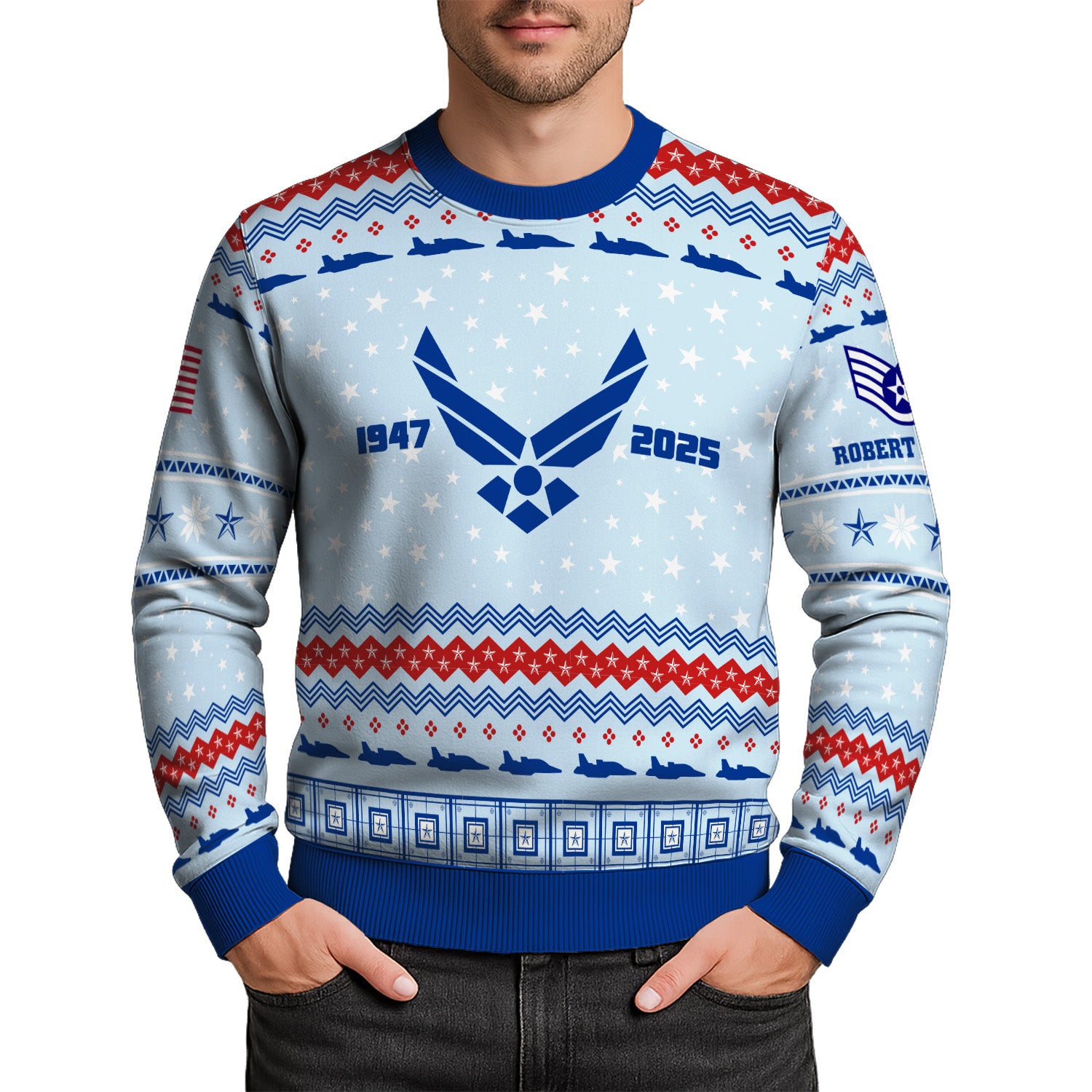Custom Ranks And Text US Air Force Ugly Christmas Sweater for Women Men KRUST02