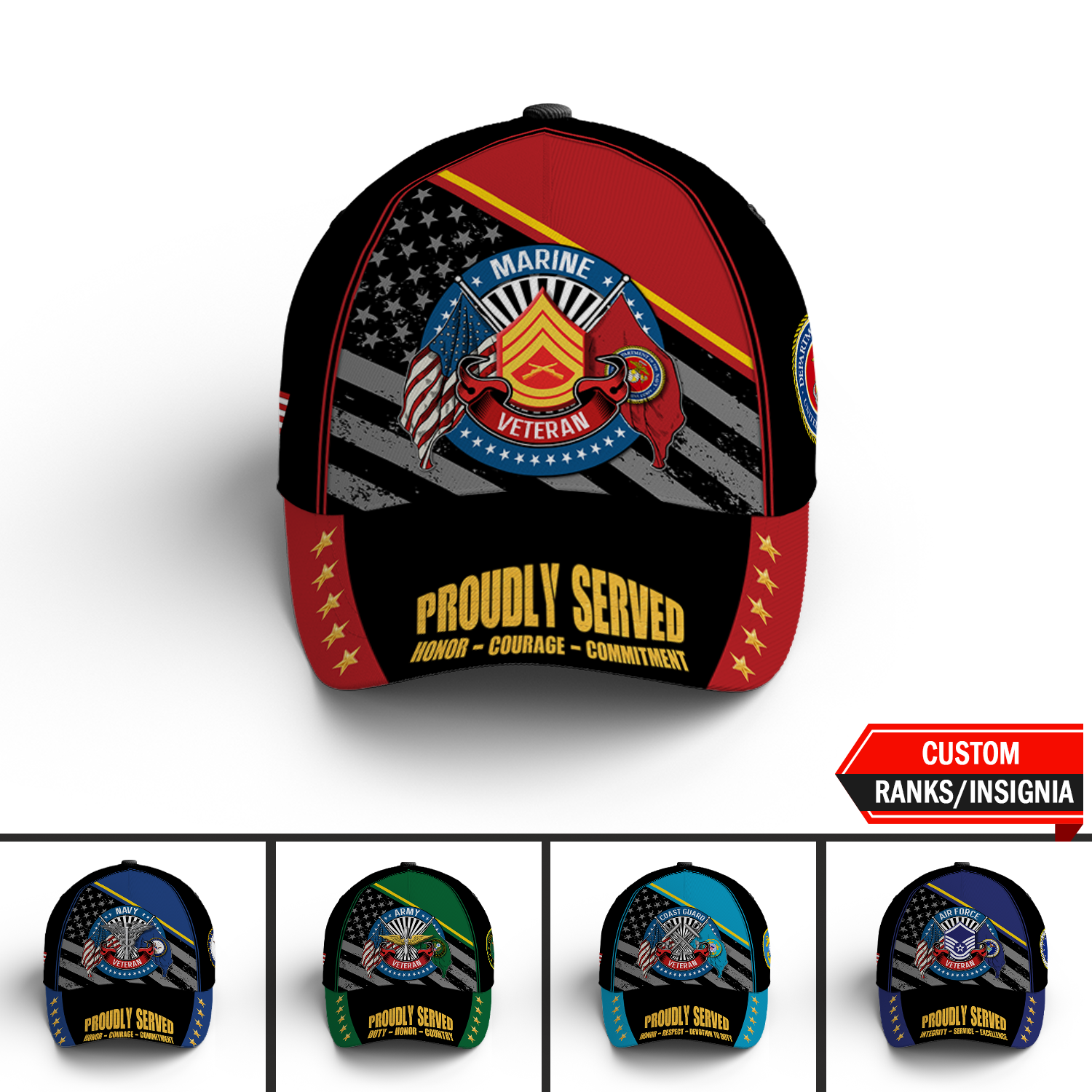 Custom Ranks/Insignia, Personalized Name And Years Served All Over Prints Premium Classic Cap KAOVC07