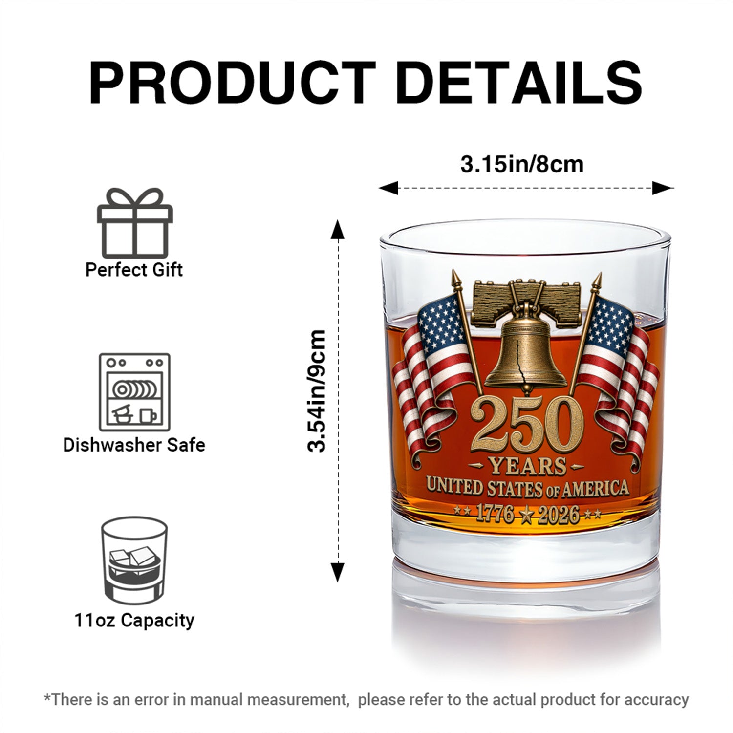 USA Freedom Anniversary Whiskey Glass 1776-2026 Keepsake