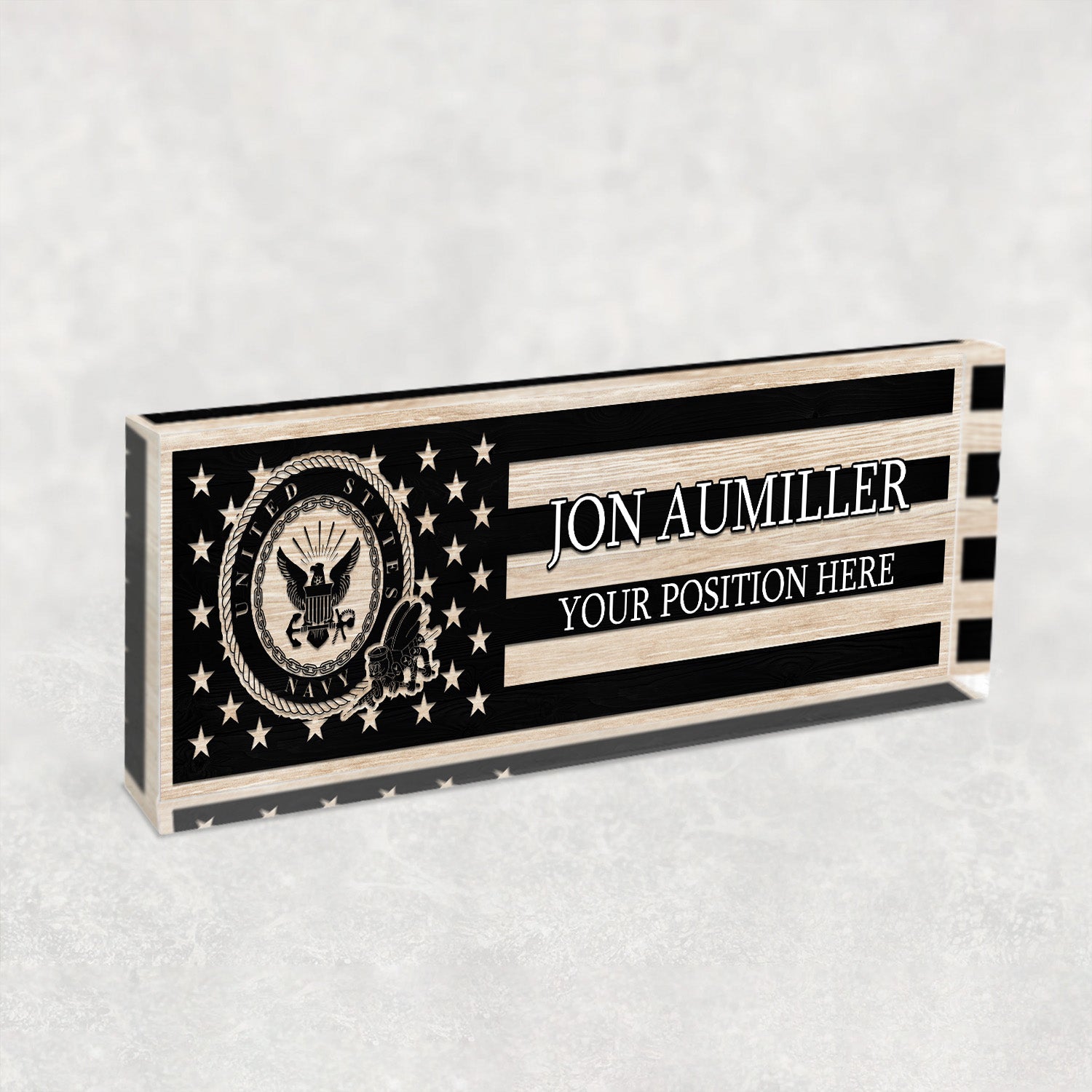 Custom US Navy Black & White Flag Desk Nameplate for Sailors, Veterans & Retirees