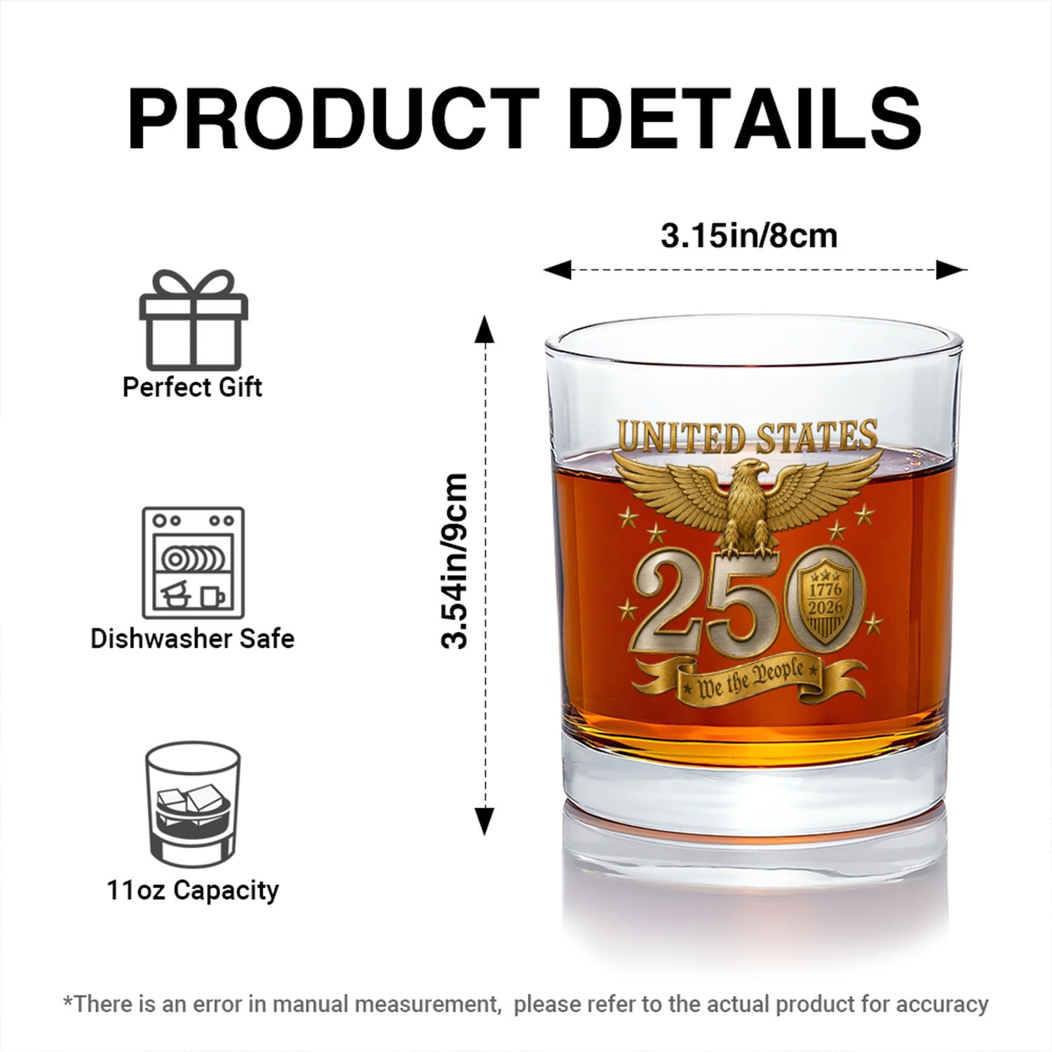 USA Patriotic Whiskey Glass 1776-2026 Anniversary