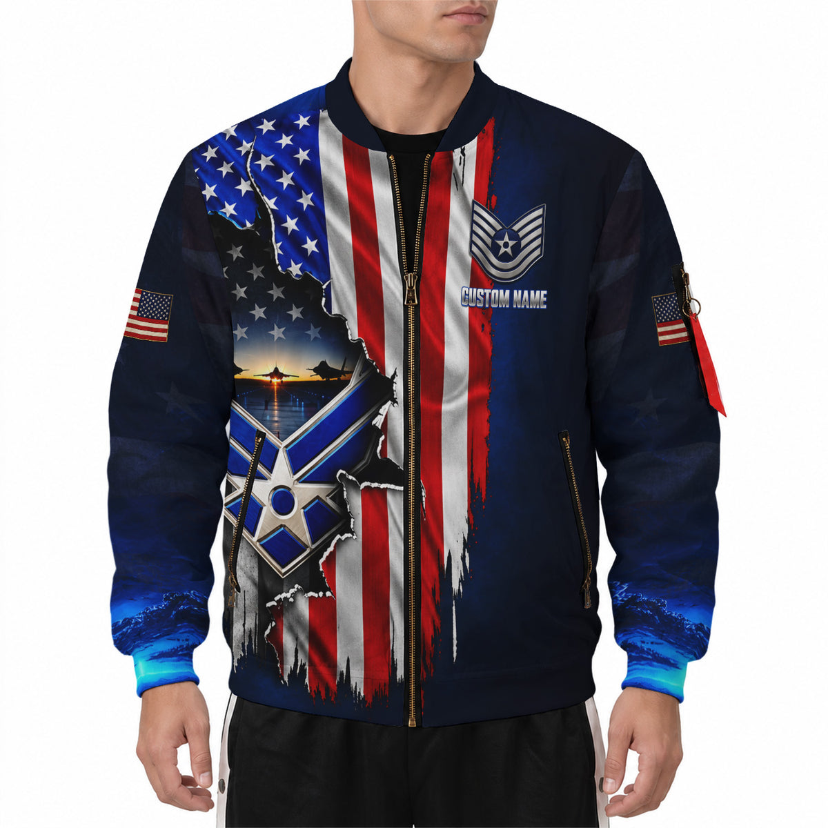 Personalized U.S. Air Force Bomber Jacket Custom Rank & Text Veteran Gift