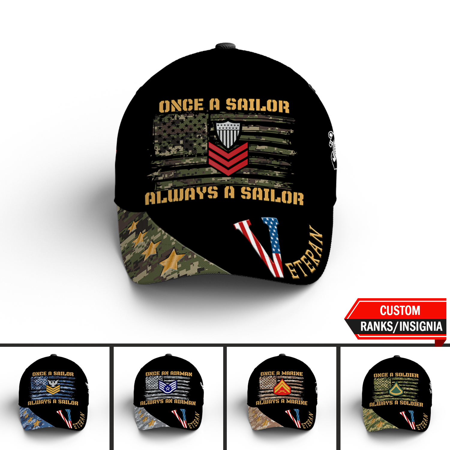 Custom Ranks/Insignia, Personalized Name And Years Served All Over Prints Premium Classic Cap KAOVC12