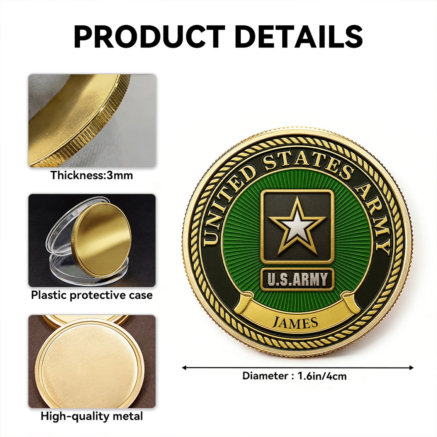 Custom Army Challenge Coin Personalized Rank Name Gift