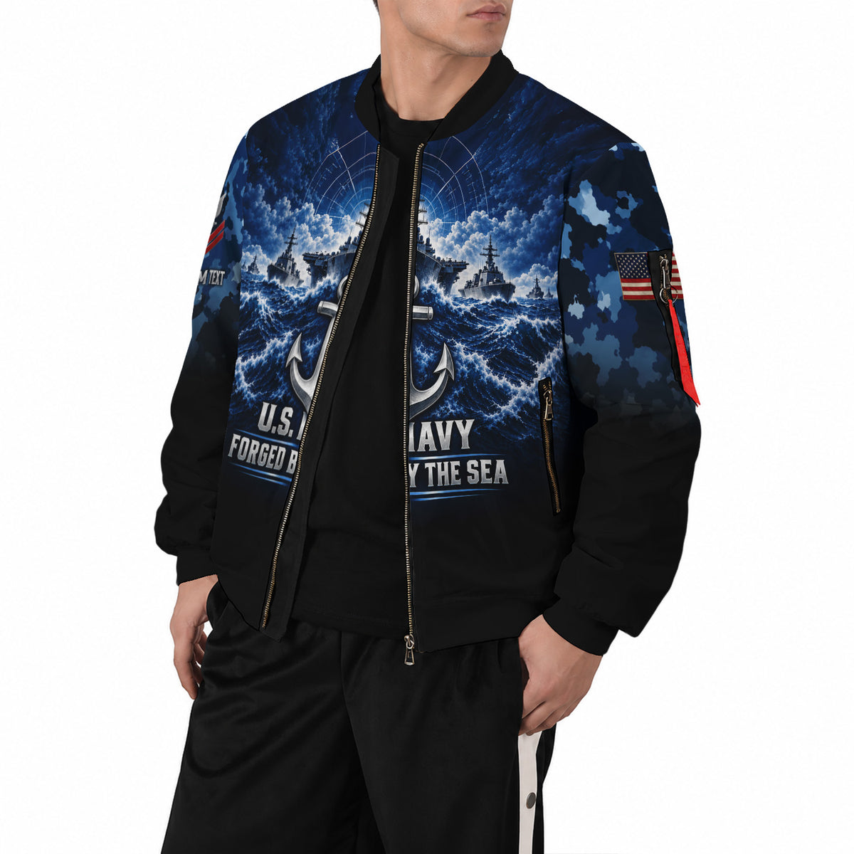Custom US Navy Bomber Jacket Personalized Name Rank for Veterans