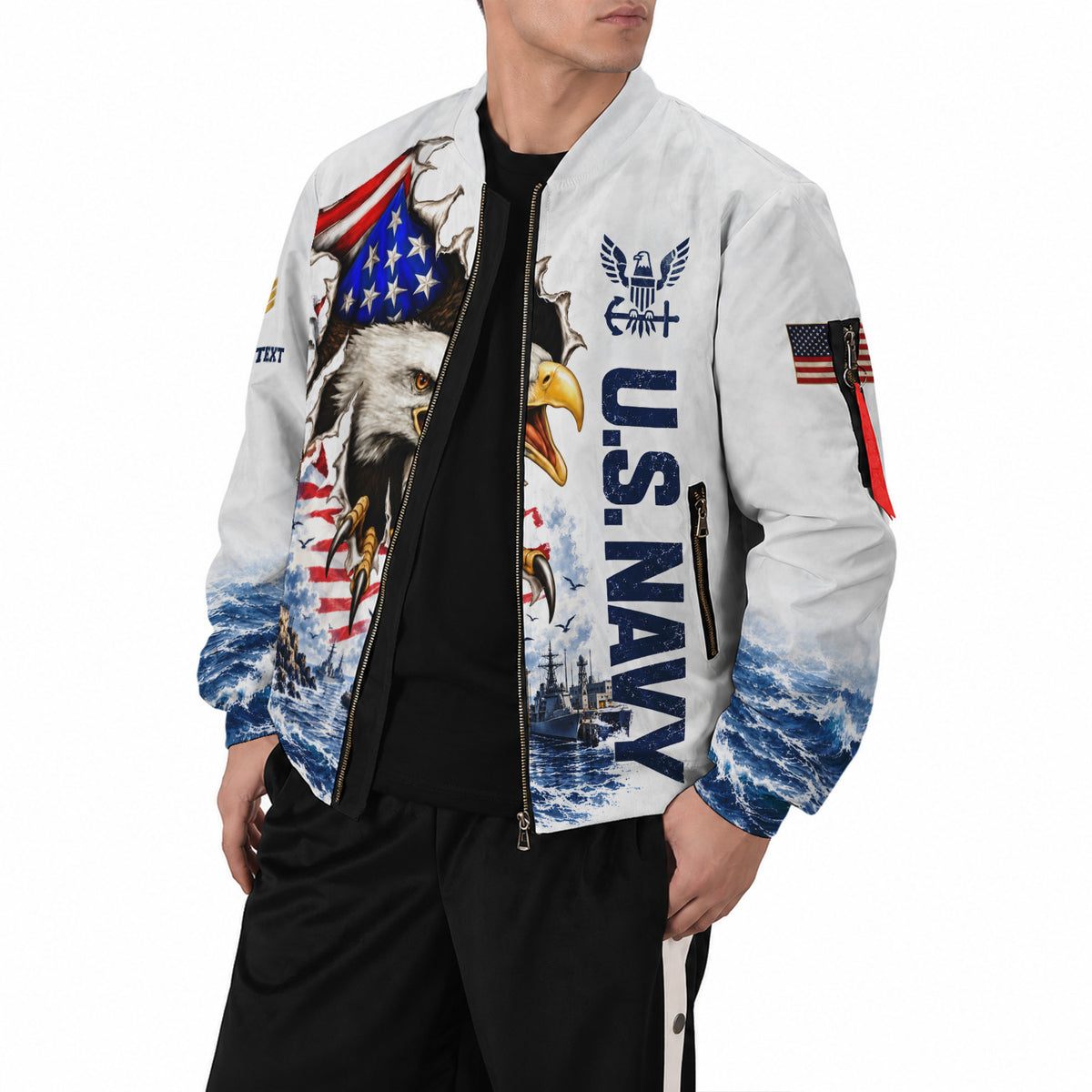 Personalized U.S. Navy Bomber Jacket Custom Rank & Text Veteran Gift