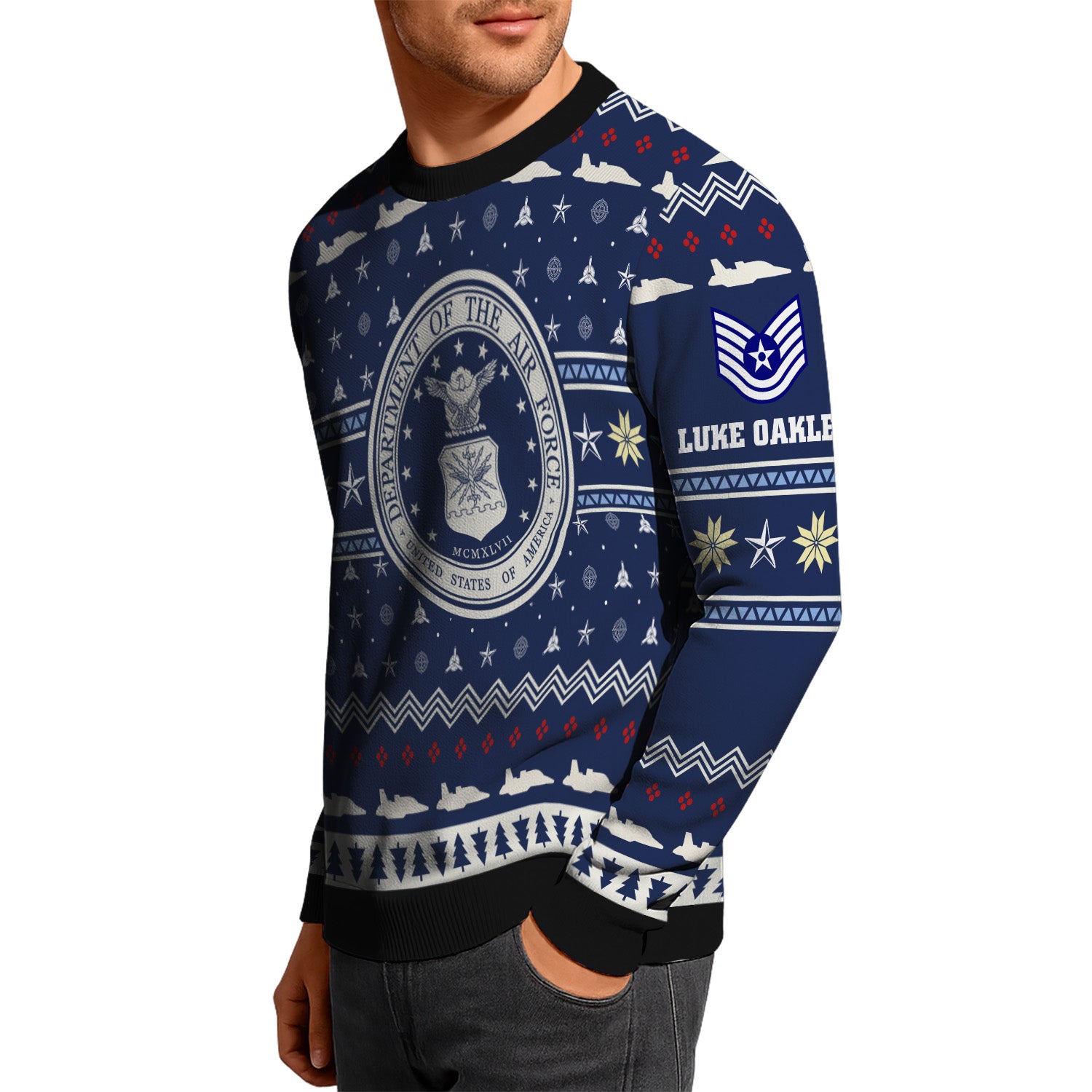 Custom Ranks And Text US Air Force Ugly Christmas Sweater for Women Men KRUST01