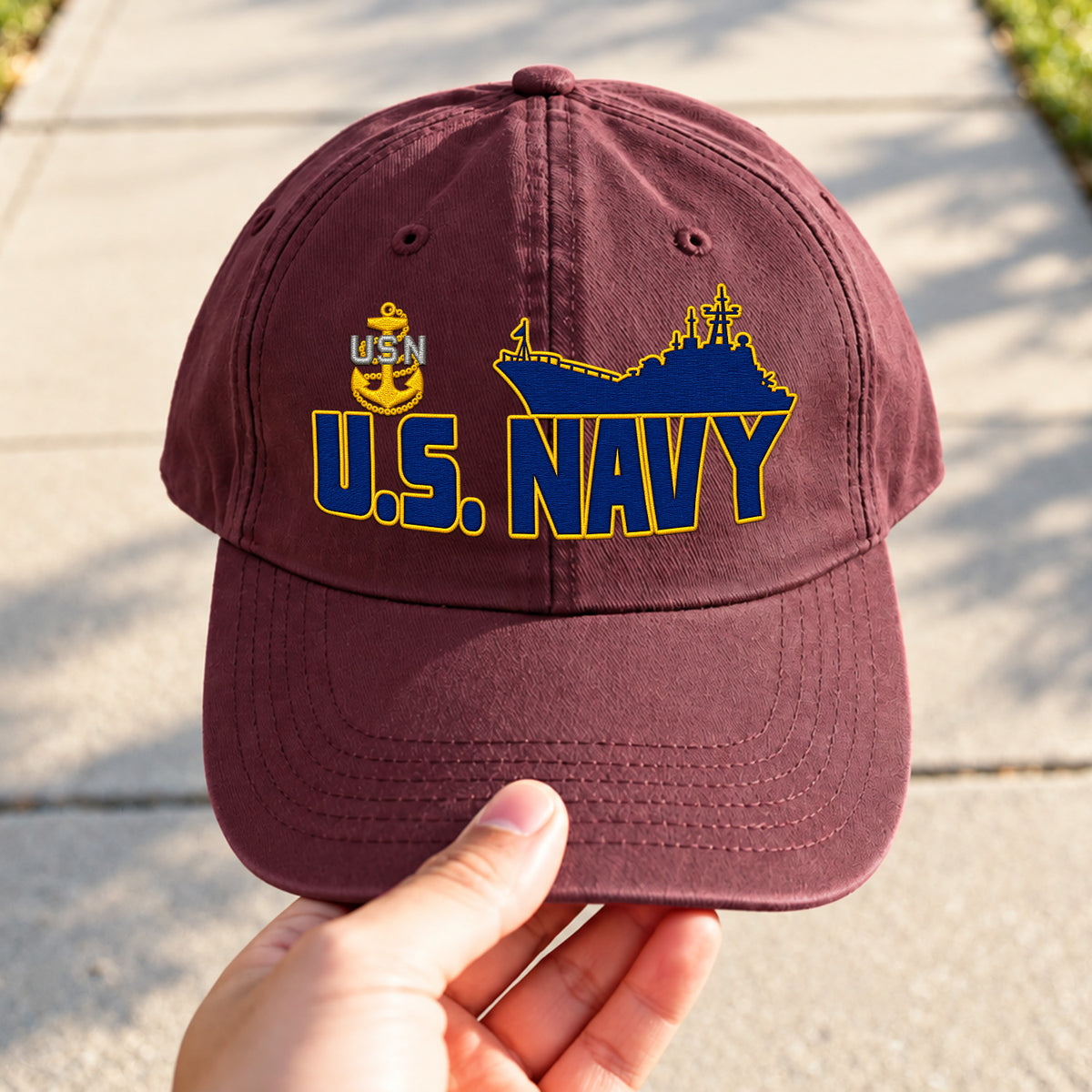 Personalized U.S. Navy Embroidered Washed Cap Custom Rank and Text