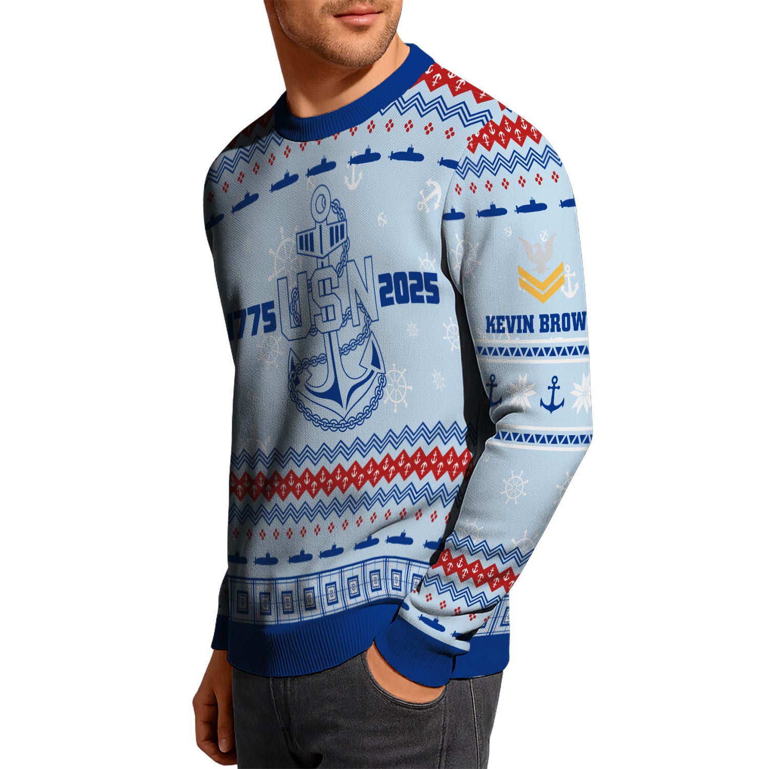 Custom Ranks And Text US Navy Ugly Christmas Sweater for Women Men KRUST02