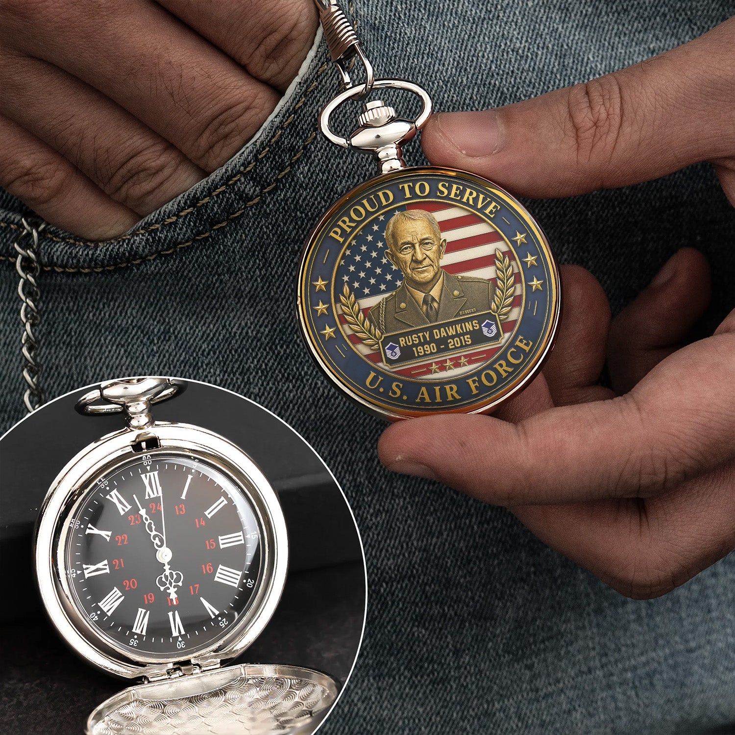Custom Air Force Rank Name Pocket Watch Retirement Gift