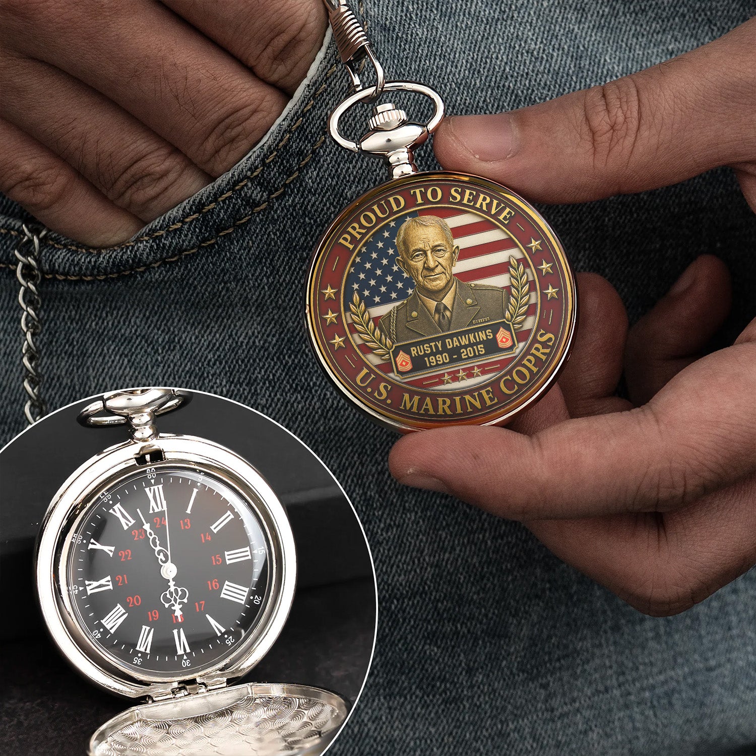 Custom Marine Corps Rank Name Pocket Watch Gift