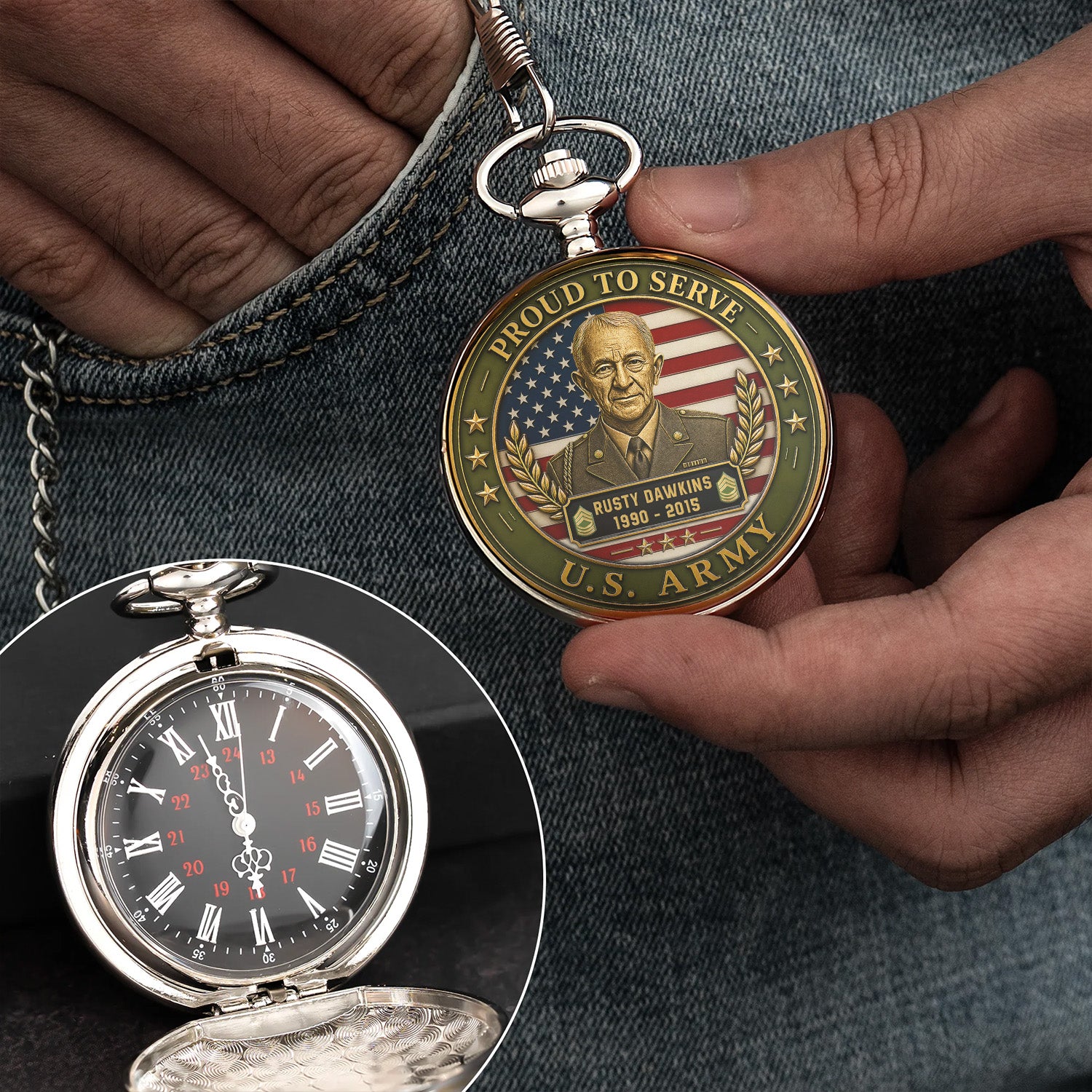 Army Custom Rank Pocket Watch 250 Years Patriotic Gift