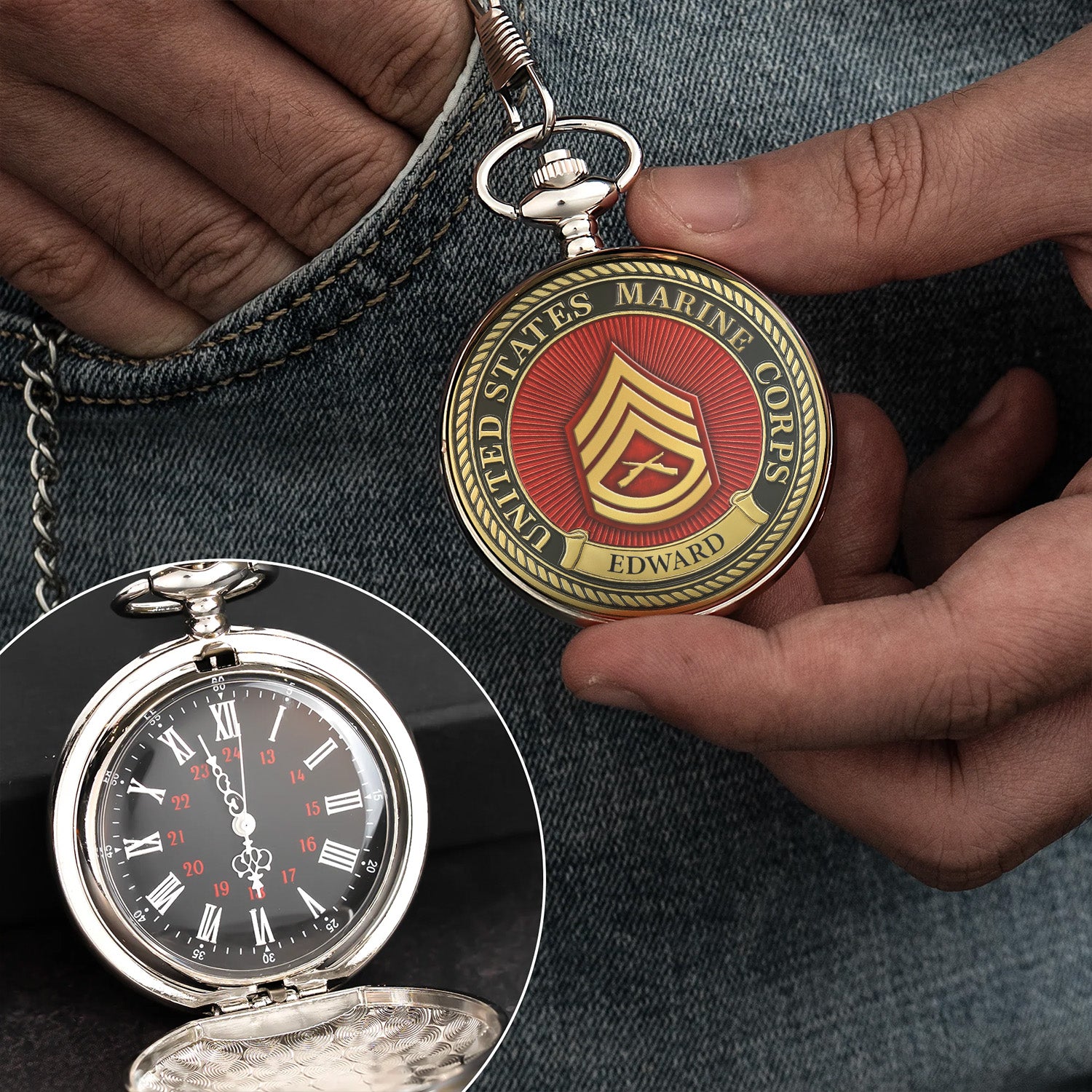 Personalized MARlNE Custom Ranks/Insignia And Text Round Pocket Watch