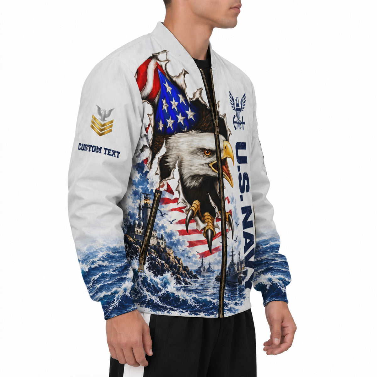 Personalized U.S. Navy Bomber Jacket Custom Rank & Text Veteran Gift