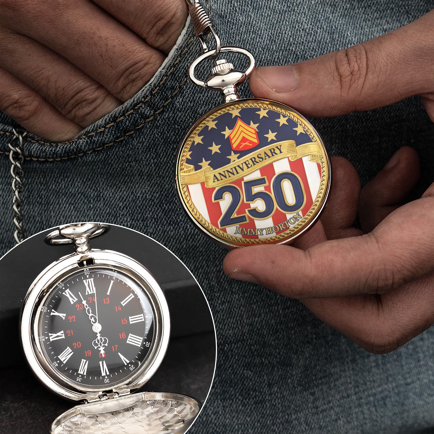 Marine Veteran Pocket Watch Personalized Name Rank