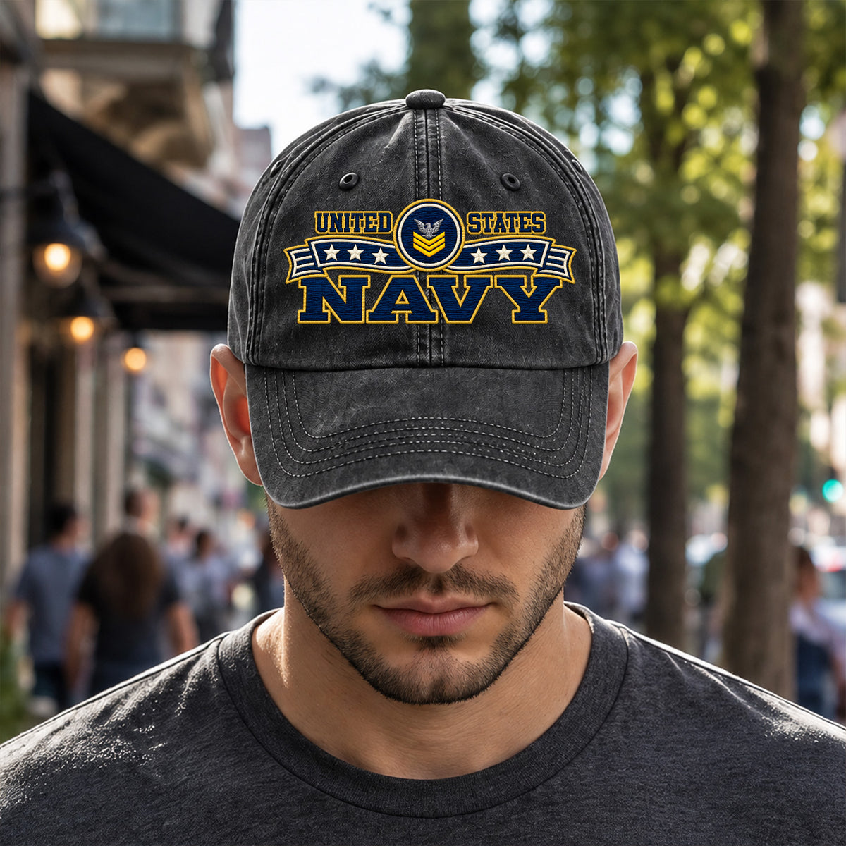 Personalized Navy Military Washed Cap Custom Rank and Text