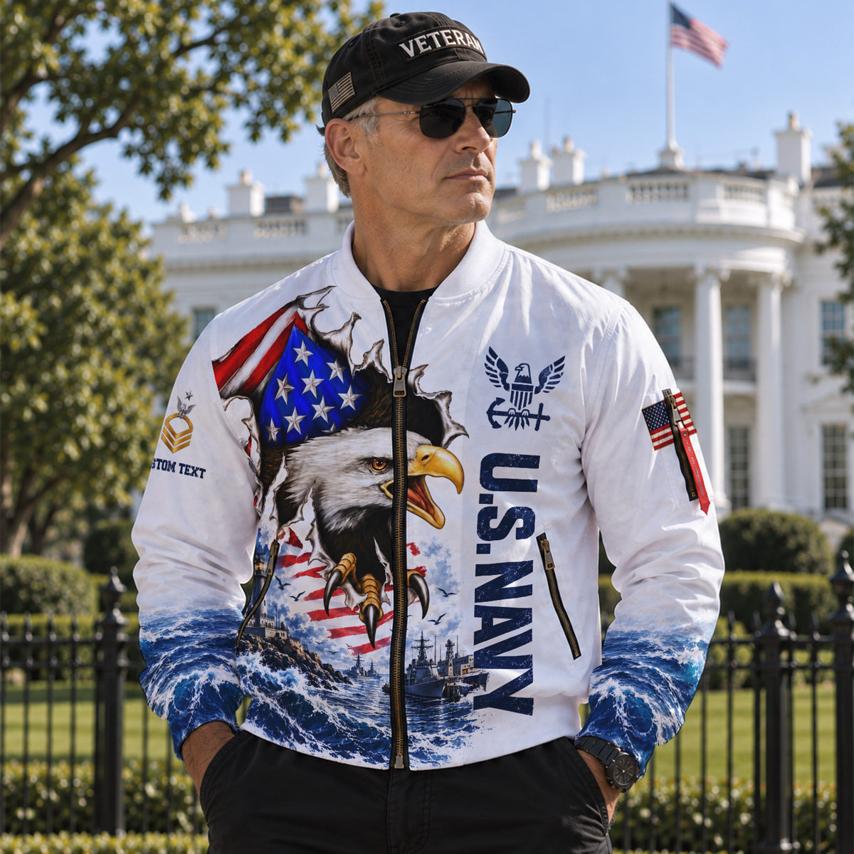 Personalized U.S. Navy Bomber Jacket Custom Rank & Text Veteran Gift